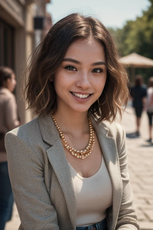 (in 8K, Raw-Photo, best quality, masterpiece:1.2), 1 girls , 20yo, 3/4 body, a beauty, asian, japanese mix, Balkans ancestry, slim normal body, caramel layered hair color, short hair, (wavy hair), bob cuts hair,(Show your teeth and smile), looking at viewer, blazers, tucked in shirts, ripped skinny jeans, office outfit, professional look, (beads necklace:1.2), ((The highest quality, 16 k, masterpiece: 1.3)), Biologically Correct Human, reference, detailed faces, detailed lips, detailed eyes, glittering eyes, realistic pupils, brown pupils, outdoor, siting, elegance, at the coffee shop, light on the face, golden hours, ambience light, backlight, summer, people in the background watching, cinematic look, deep depths of field, blurry background