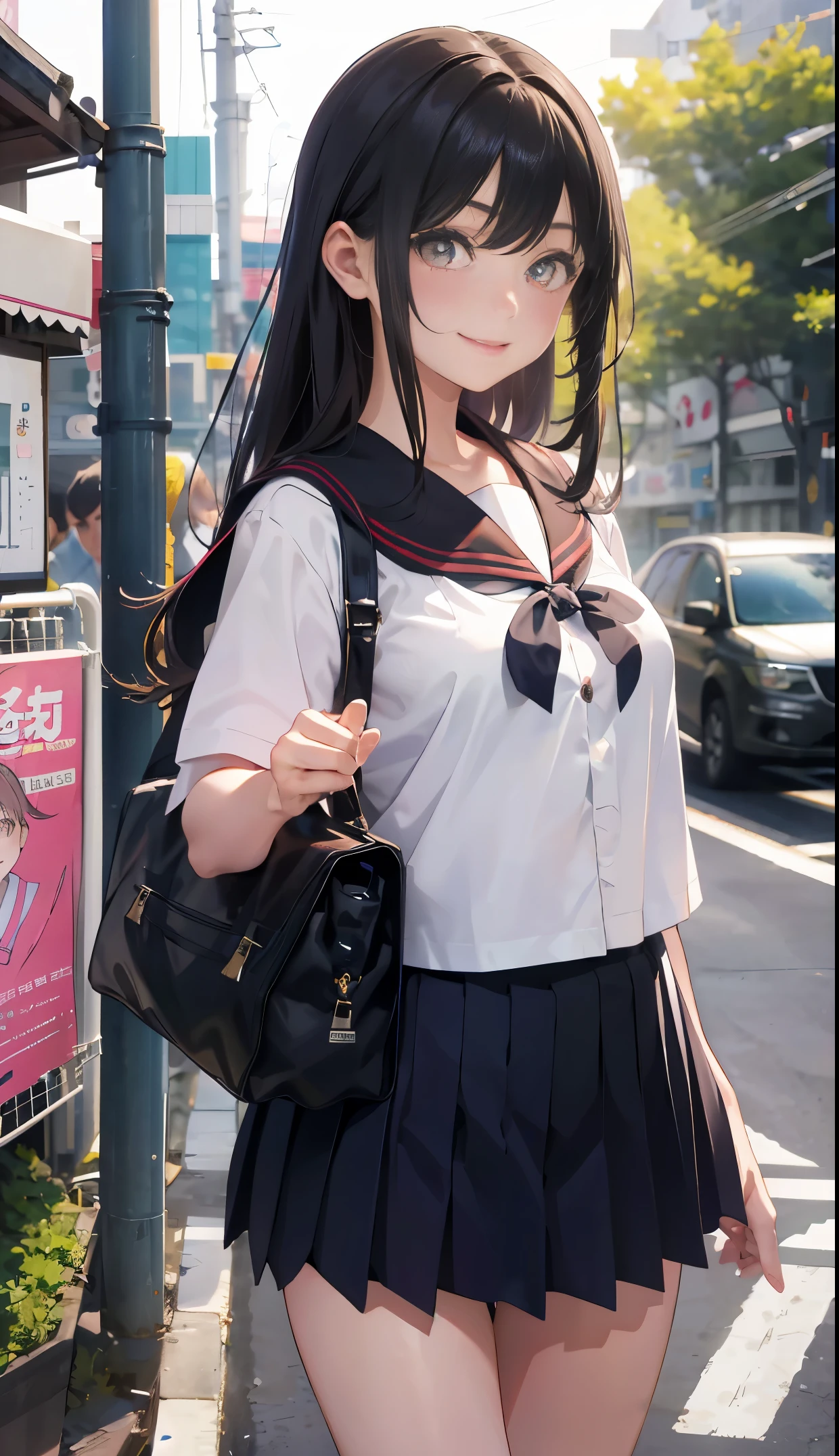 1girl in、AS-Adult、A smile、The shirt、skirt by the、（small tits）Japan High School、校服、serafuku、Walking with a thigh、Upper body portrait、