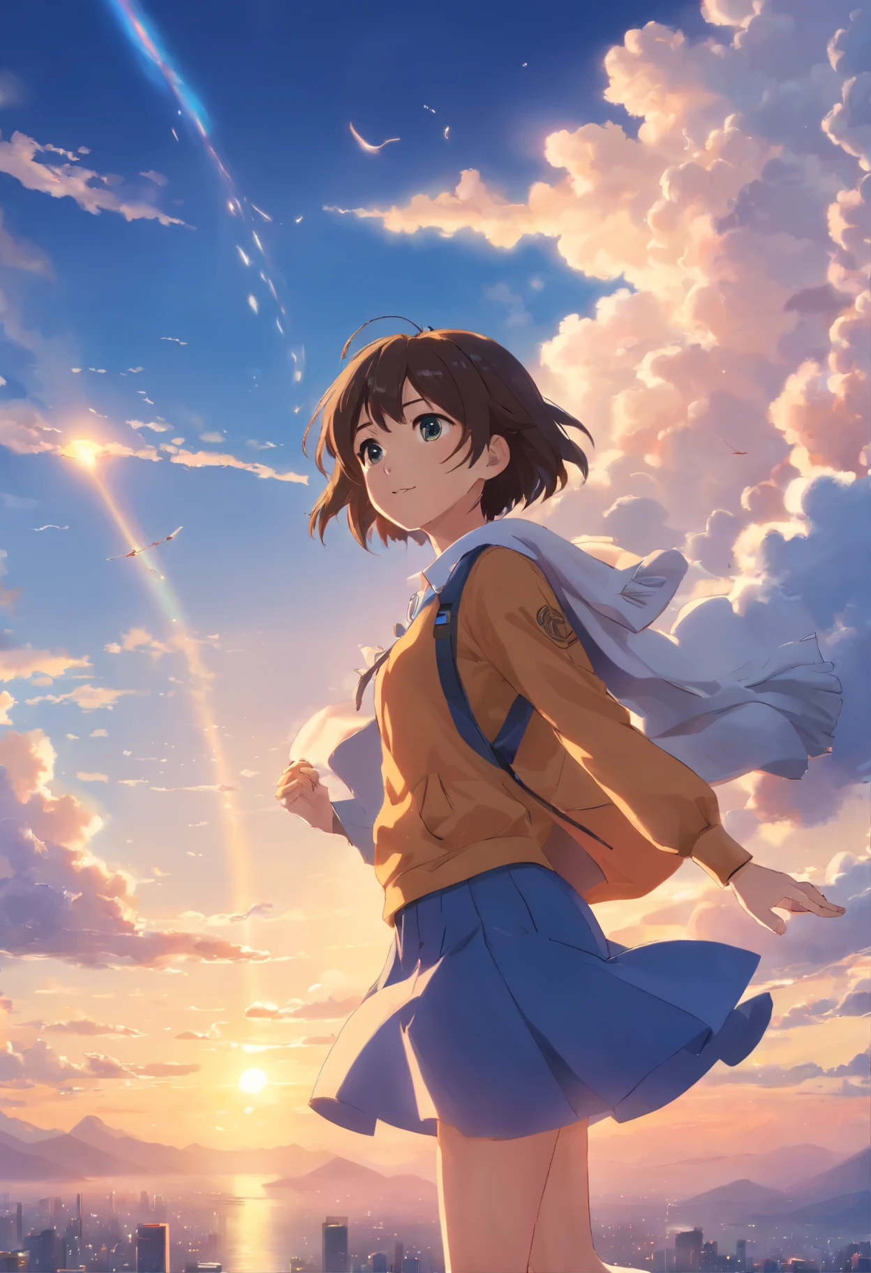 (best quality,4k,8k,highres,masterpiece:1.2),ultra-detailed,(realistic,photorealistic,photo-realistic:1.37),movie still,1girl,cloud girl,hovering in the sky,close-up, bright,happy,warm and soft lighting,sunset,(sparkle:0.7)