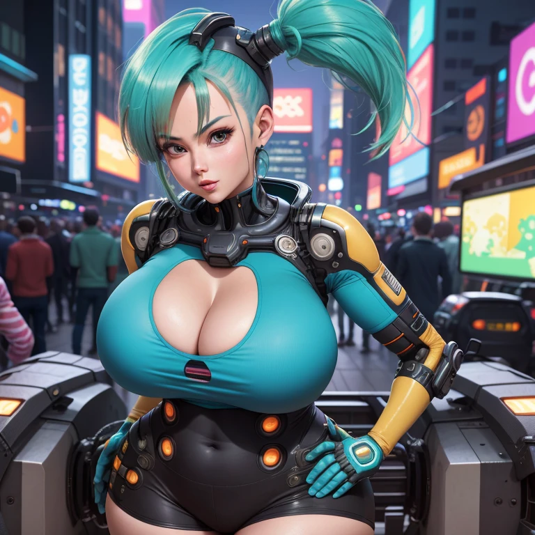 Anime-style image of Bulma with a curvaceous figure, boasting large breasts and an ample derriere. Her outfit is vibrant and colorful, fitting snugly to her body. Her design is detailed and intricate, a perfect blend of human and cybernetic elements. The background is a bustling cityscape with neon lights illuminating the night sky. The image is rendered in 8k resolution, with a cinematic illumination that enhances the sleek and glossy appearance of Bulma's cybernetic enhancements.
The sounds of the city filter through, a mix of humming machinery and chatter from the crowd. The scent of the city's unique