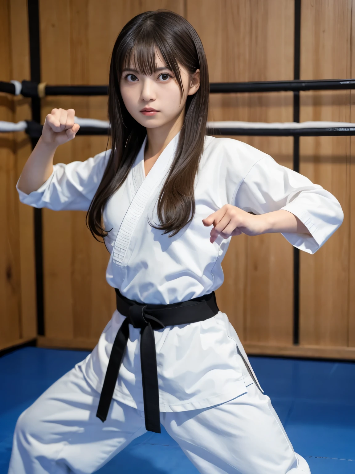 arafed woman in a boxing ,Ready for battle pose, in a karate道場ring, she is ready to fight, take a fighting pose, fighter jet pose, in a fighting pose, karate, karate match, young japanese woman, japanese girl, in battle stance,karateの道着,Wearing pants,Black belt,