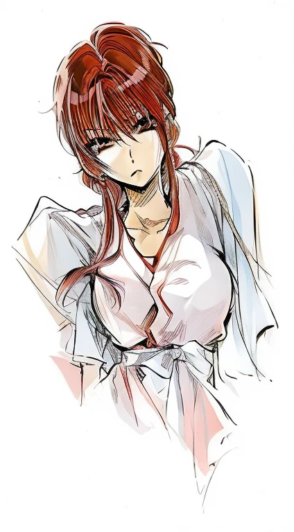 anime girl with red hair and white shirt posing for a picture, inspired by Kusumi Morikage, sketchy art style, Created at Anime Artist Studio, inspired by Iwao Takamoto, anime character, Inspired by Rei Kamoi, I got an iPad, anime style characters, anime woman, Drawn at Anime Painter Studio, manga character, digital coloring