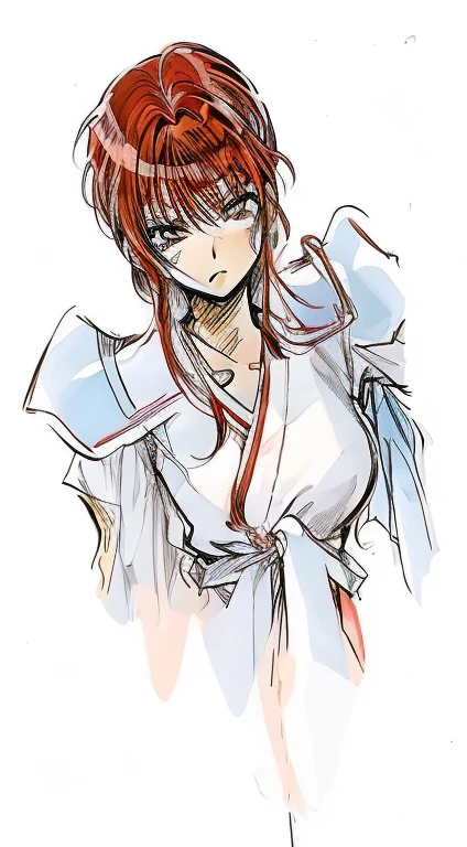 anime girl with red hair and white shirt posing for a picture, inspired by Kusumi Morikage, sketchy art style, Created at Anime Artist Studio, inspired by Iwao Takamoto, anime character, Inspired by Rei Kamoi, I got an iPad, anime style characters, anime woman, Drawn at Anime Painter Studio, manga character, digital coloring