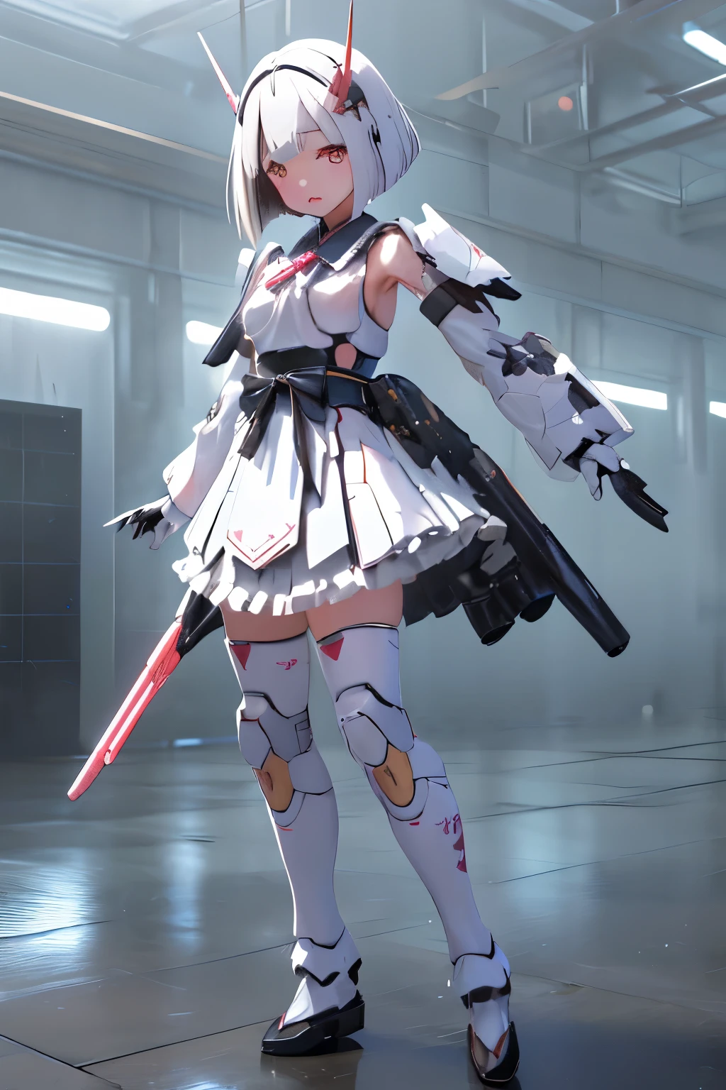 (highest quality)), ((masterpiece)), (very detailed: 1.3), 3D, {(japanese young girl)}, japanese girl wear gothic lolita clothes with white frills under armor,  wears a futuristic Gundam mecha,(Gundam), with headgear, with v-fin , armored shoulders,armored under arms, armored under legs,  multilayer textureperfect proportions, octane rendering, duotone lighting, Low ISO, wide aperture, White balance, Rule of thirds, ultra HD16k, HDR (High Dynamic Range), Ray Tracing, NVIDIA RTX, Super Resolution, Subsurface Scattering, PBR Texturing, Post Processing, Anisotropic Filtering, Depth of Field, Maximum Clarity and Clarity, High efficiency subpixel, subpixel convolution, particles of light, light scattered, Tyndall effect, full body:1.5, battle pose, cute, (cute:1.2), (bob cut:1.3),三つ編み, 黒髪, 太い眉毛, 薄い色の虹彩, 大きくて輝いている黒い瞳, 長いまつげ, 小さく薄い色の自然な唇, (Average face of Japanese idols), (日本人特有の童顔:1.3), (baby face), 広いおでこ:1.2, ふっくらした頬, 小さな顎, visible side boob, (メカウィング), (巨大な武器を持っている:1.2), 特大の盾を持っている, in the hangar,looking at viewer,Focus on the eyes 