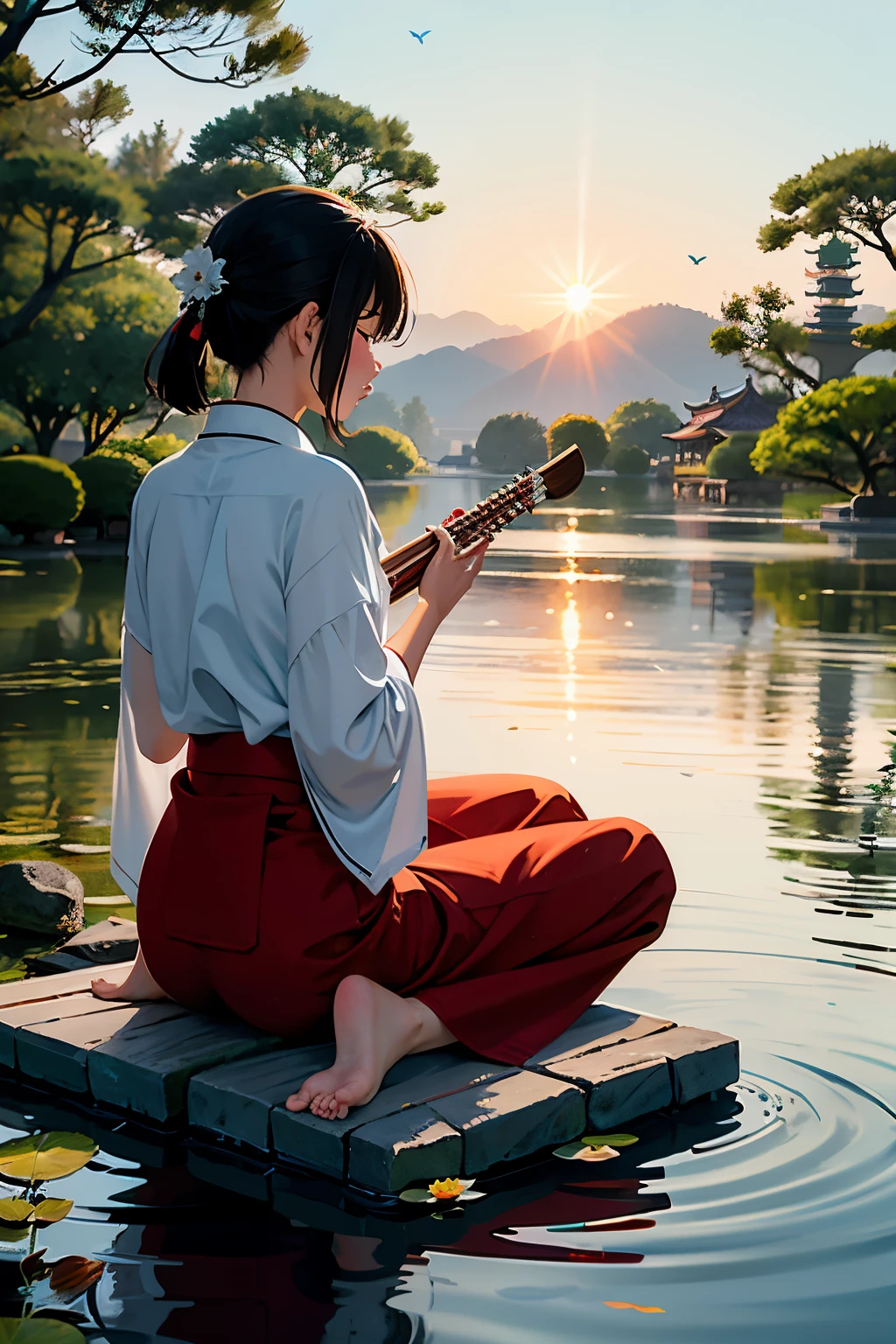 Masterpiece, top quality, 4K UHD,
a girl, focusing intently,
Chinese garden, serene, autumn leaves falling,
Guqin in hand, traditional Chinese musical instrument,
sitting on a mat, motionless,
tranquil pond with lotus flowers, reflections on the water,
butterflies flying around, gentle breeze rustling through the trees,
soft lighting, warm hues, sun setting behind distant mountains.