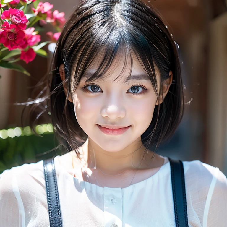 girl,beautiful girl,Blue-black hair,Shiny hair,bob hair,bangs,smile,,Futae eyelid,tear bag,long eyelashes,light brown eyes,big enchanting eyes,eye highlights,dark eye makeup,red lip,cheek,white skin,plump cheeks,nail art,Small piercings,Black high neck shirt,black pants,belt,italian alley,flower bed,sunny,The wind is blowing,dynamic angle,dynamic lighting