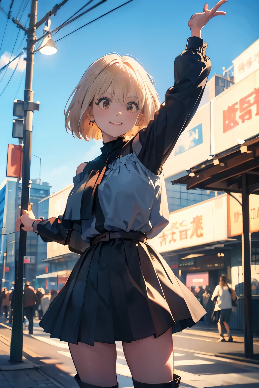 (top-quality、in 8K、32K、masterpiece、nffsw、ighly detailed:1.2)、cowboy shot, (blue open sky、Shinjuku、In front of the station:1.4)、beautiful shadow、beauitful face、blurry backround、16-year-old beautiful girl、shinny skin, Beautiful black hair、Blunt bangs、 Katyusha、side poneyTail、Brown eyes、off shoulder blouse、pleatedskirt、long boots、miscievous smile、Raising arms、jamping、Hip Hop Cable、