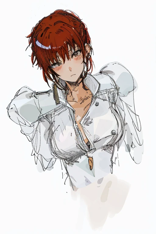 anime girl with red hair and white shirt posing for a picture, inspired by Kusumi Morikage, sketchy art style, Created at Anime Artist Studio, inspired by Iwao Takamoto, anime character, Inspired by Rei Kamoi, I got an iPad, anime style characters, anime woman, Drawn at Anime Painter Studio, manga character, digital coloring