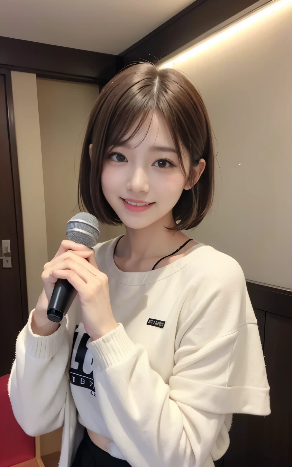 cute 21 year old japanese、Karaoke Box、Sing karaoke、Microphone in hand、super detail face、pay attention to details、double eyelid、beautiful thin nose、sharp focus:1.2、Beautiful woman:1.4、(light brown hair,short hair、),pure white skin、highest quality、masterpiece、ultra high resolution、(Photoreal:1.4)、Highly detailed and professional lighting、nice smile、Show the whole body、Cute winter clothes、