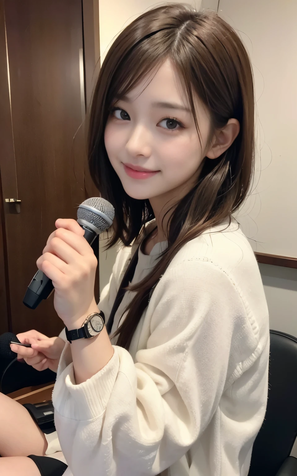 cute 21 year old japanese、Karaoke Box、Sing karaoke、Microphone in hand、super detail face、pay attention to details、double eyelid、beautiful thin nose、sharp focus:1.2、Beautiful woman:1.4、(light brown hair,short hair、),pure white skin、highest quality、masterpiece、ultra high resolution、(Photoreal:1.4)、Highly detailed and professional lighting、nice smile、Show the whole body、Cute winter clothes、