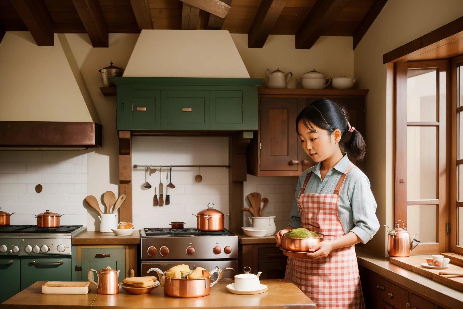 Within the rustic kitchen of a Cotswold cottage in the 2000s, a -year-osian l, with a ponytail and a gingham apron, bakes traditional scones in a vintage oven, surrounded by copper cookware and a roaring fireplace.