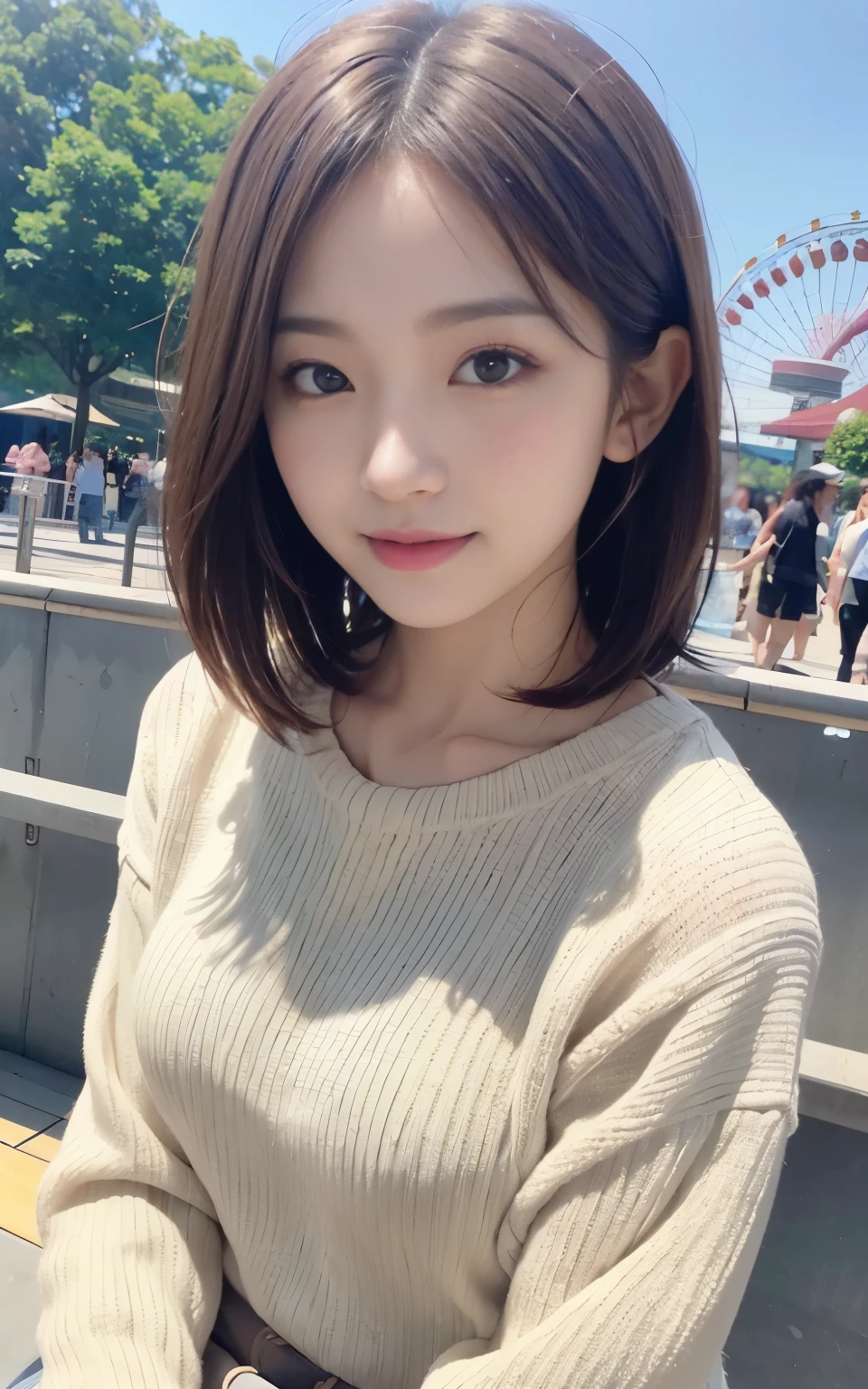 cute 21 year old japanese、amusement park、Clear skies、Light of the sun、Ferris wheel、super detail face、pay attention to details、double eyelid、beautiful thin nose、sharp focus:1.2、Beautiful woman:1.4、(light brown hair,short hair、),pure white skin、highest quality、masterpiece、ultra high resolution、(Photoreal:1.4)、Highly detailed and professional lighting、nice smile、Show the whole body、red sweater、