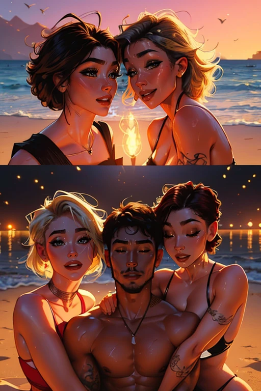 Muscular Handsome European with light skin ( tall&==((short-haired))) shirtless barbarian man absolutely surrounded and being hugged and touched by (((three))) sexy women harem girlfriends bitches feeling his muscles and groin, women: long Flowing voluminous hair And curvy bodies with wide hips and nice asses, women wearing robes over underwear with straps draped on shoulders and waistbands on hips and thighs, nobody looks identical, each person has a unique hair color and race and skin color, three of the hottest women to ever live loving this man, the three women share him as a boyfriend and enjoy helping him feel pleasure together, there are so many gorgeous women are here around this one man, they are desperately close to each other, expressions of ecstasy and joy and love on their faces, wrestling , hugging, tackling, massaging, grinding, Flirtatious, lounging at the beach, golden hour, romantic candlelight that glows, worshipping him, sexual, kissing, sexualized positions, glowing glistening wet skin, tattoos, , jewelry, faces of laughter and happiness and pleasure and joy, pressing themselves together, romance novel cover poses, women competing for attention , if one woman is to his right then one women must be to his left and one woman behind him, full body shot, (((ONLY ONE MAN))), orgy, if one woman has dark hair then the second one must have red hair and the third have blonde hair. If one woman has light skin then the next must have dark skin. If one women is European than the other must be Asian and the third one is Nordic and the fourth is African, everybody looks into another person's eyes, some women face Forward while other's face sideways and others face behind but all of them are facing the man, faces of satisfaction, cinematic 4k RAW photograph with bokeh and raytracing and depth of girls and subsurface scattering and gorgeous lighting and colors, masterpiece worthy of a museum