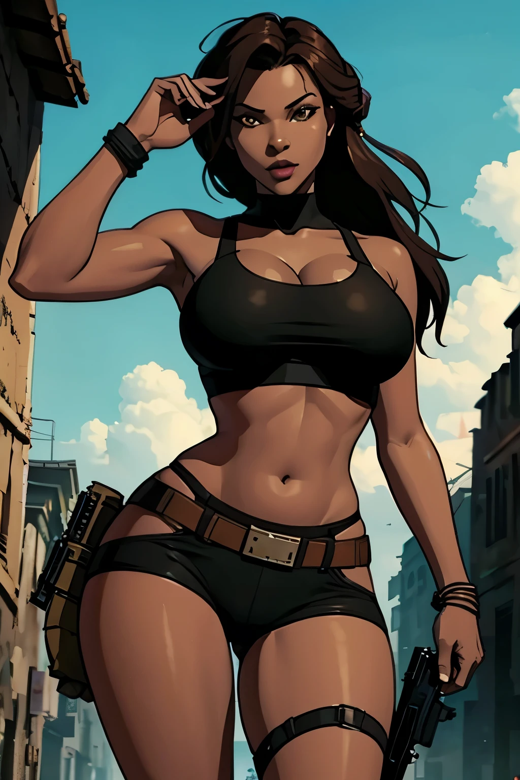 2 Ebony African women, sexy, thicc, lara croft, dreads, shooting pistols, big breasts, gold jewelry