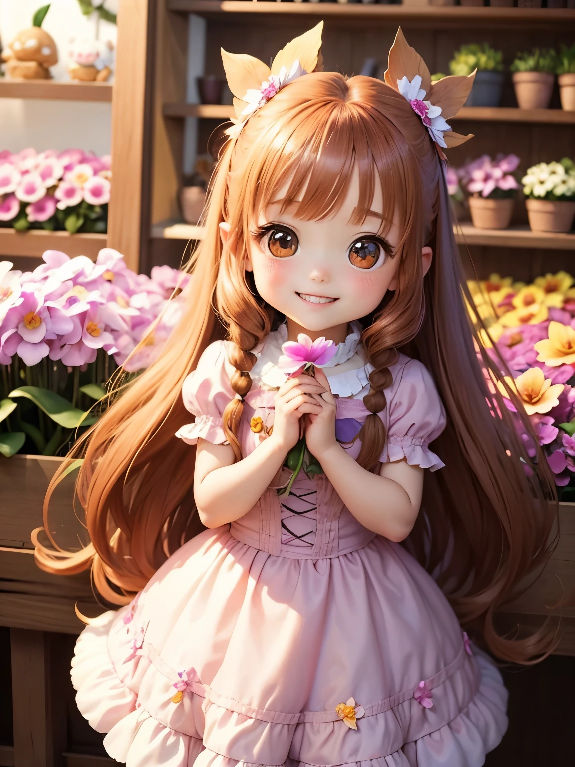 best image quality、fairy tale world、A fun and cute smile、best smile、chibi character、super deformed、big head and small body、very cute 、long chestnut hair、Surprisingly big bright eyes、Inside a flower shop where many Cattleya flowers with frills that resemble orchids are blooming.、Cattleya flower fairy、