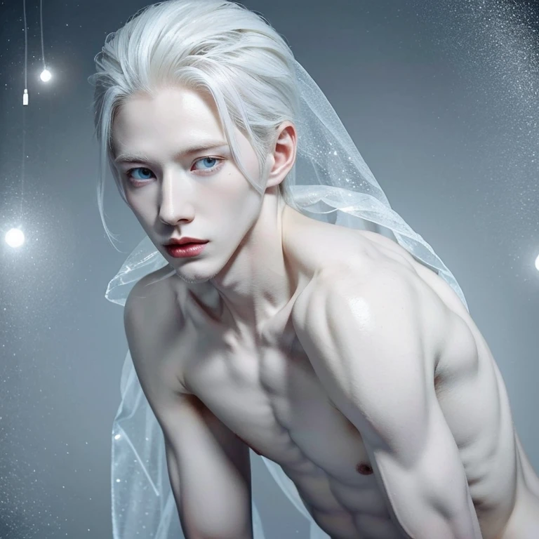 (1 boy, albino tall slender androgynous male Snow Queen, precious, fragile beauty, pristine, pale, translucent, he is immortal while he is cold, but the warmth of love will kill him, his penis and testicles are made of ice, thus very fragile and vulnerable to heat)