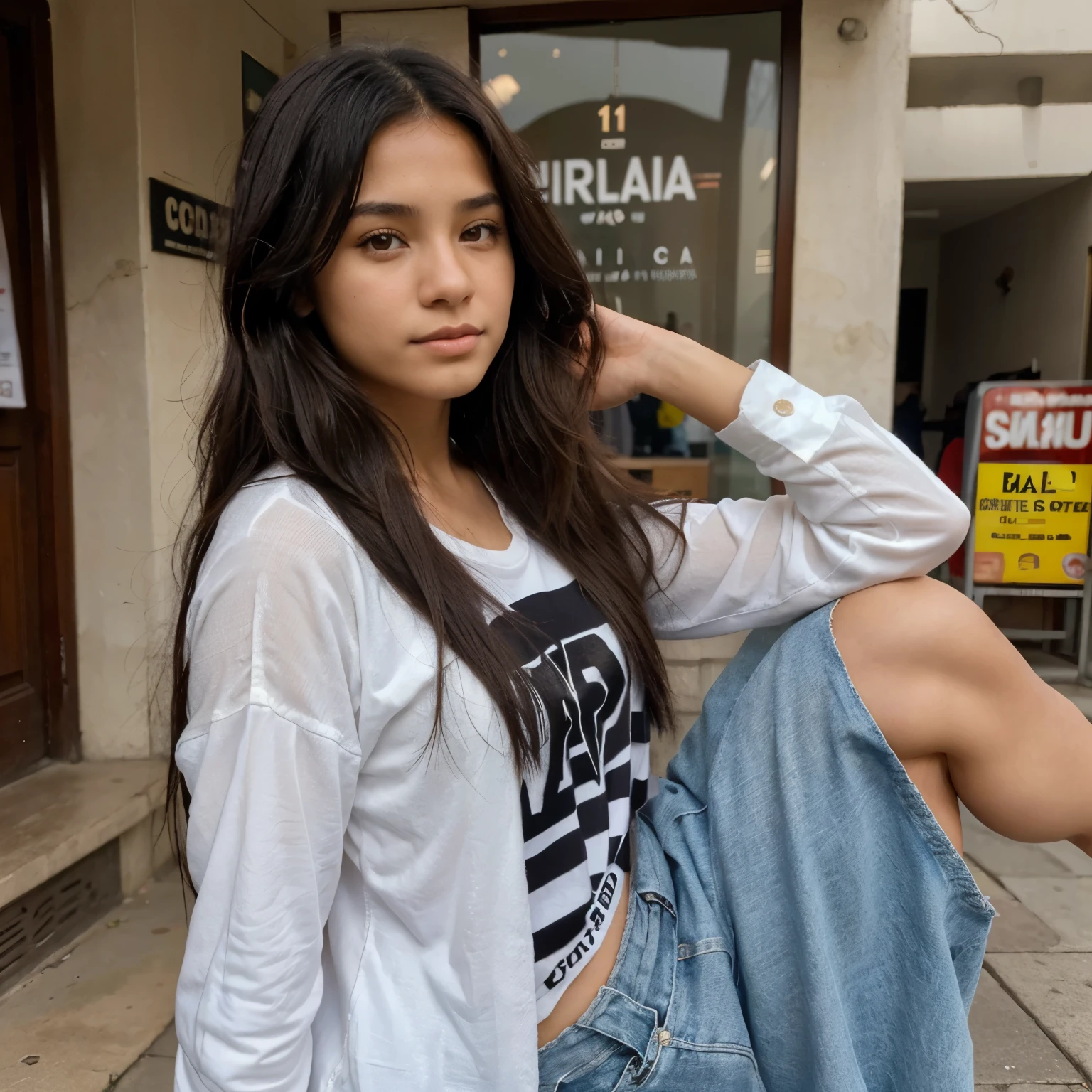 (Araceli gutierrez:1.0), harmonious composition, (young girl:1.1), (sin lunares:1.0) (shyly smile:1.3), (dressed in a black skirt:0.5), (dressed in a gray t-shirt without any print:0.5), (picked up hair:1.3), el personaje principal debe estar en foco mientras que el fondo debe estar desenfocado para crear un efecto de profundidad de campo. El fondo puede contener una calle nocturna de la ciudad de Buenos Aires.