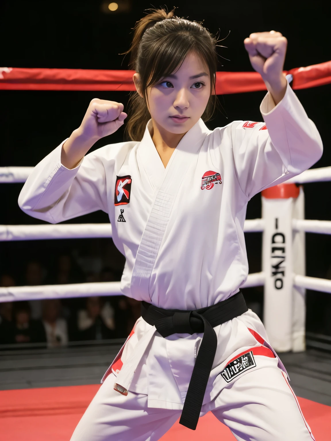 Women's Boxing ,in a karate道場ring, she is ready to fight, Take a combat pose, fighter jet pose, karate, karate match, young japanese woman, japanese girl, in a fighting stance,karateの白い道着,Wearing white pants,Black belt,