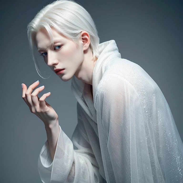 (1 boy, albino tall slender androgynous male Snow Queen, precious, fragile beauty, pristine, pale, translucent, he is immortal while he is cold, but the warmth of love will kill him, his penis and testicles are made of ice, thus very fragile and vulnerable to heat)