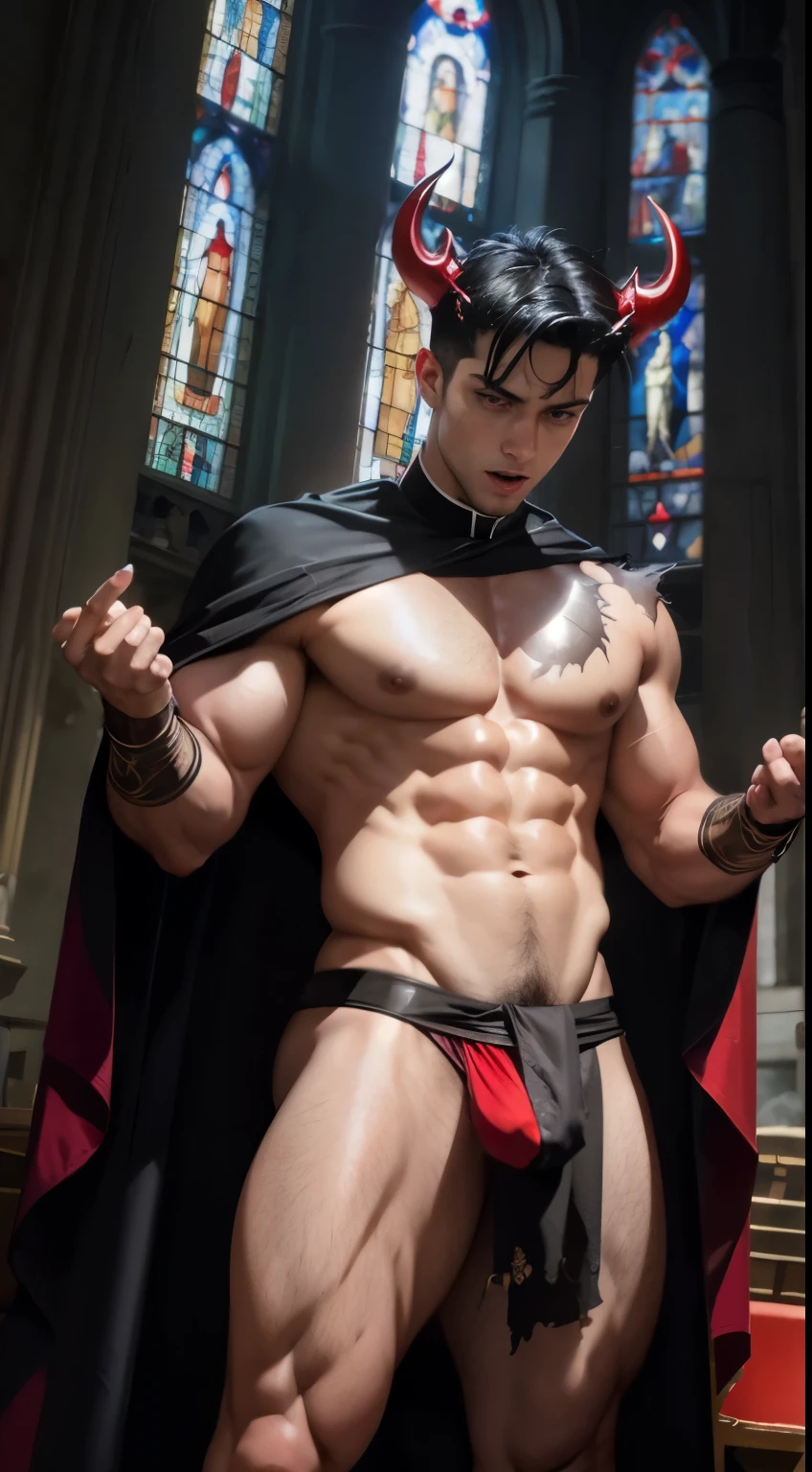 masterpiece, realistic, photographic, 1boy, a sexy young Roman Catholic priest turning into a hot male demon with red skin, black hair, glowing red eyes, long black claws on his fingers and large horns as well as a massive demonic wingspan, he is wearing a black loincloth, bursting out of his ripped and torn priestly robes showing his muscular pecs, abs, biceps, shoulders and perky nipples. A seductive expression on his face, he is surrounded by glowing human skulls, stained glass windows inside the interior of a gothic church background