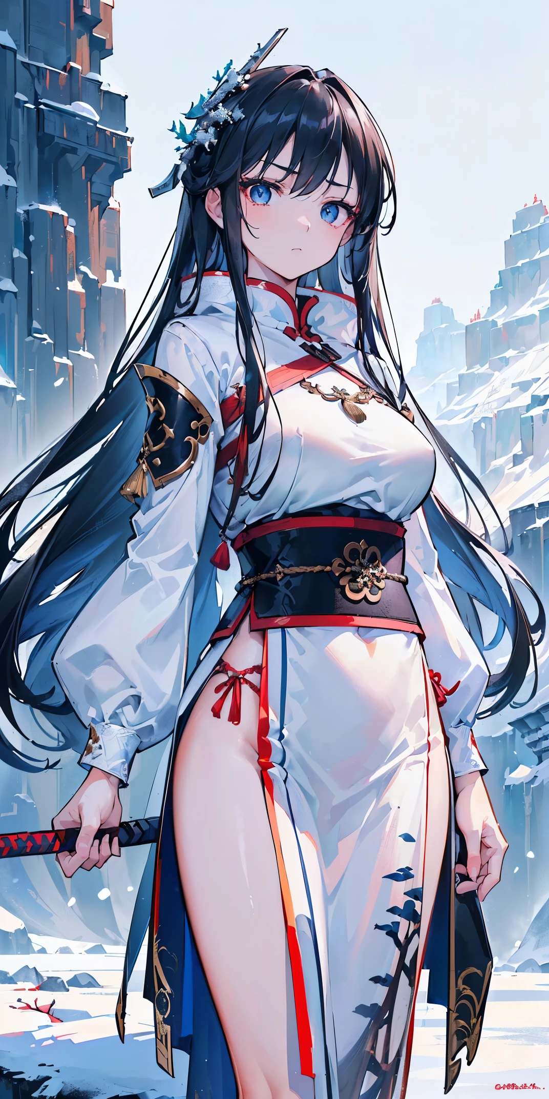 (extremely detailed 8K wallpaper),(ultra-detailed),(best quality),(masterpiece),(vertical painting),(highly detailed),(cinematic lighting),((asian art)),(((A beautiful girl with an indifferent expression stands on a bare snow mountain))),(((Image of the cold swordsman))),White clothes，black eyes，beautiful and clear eyes,(((cold expression))),simple background