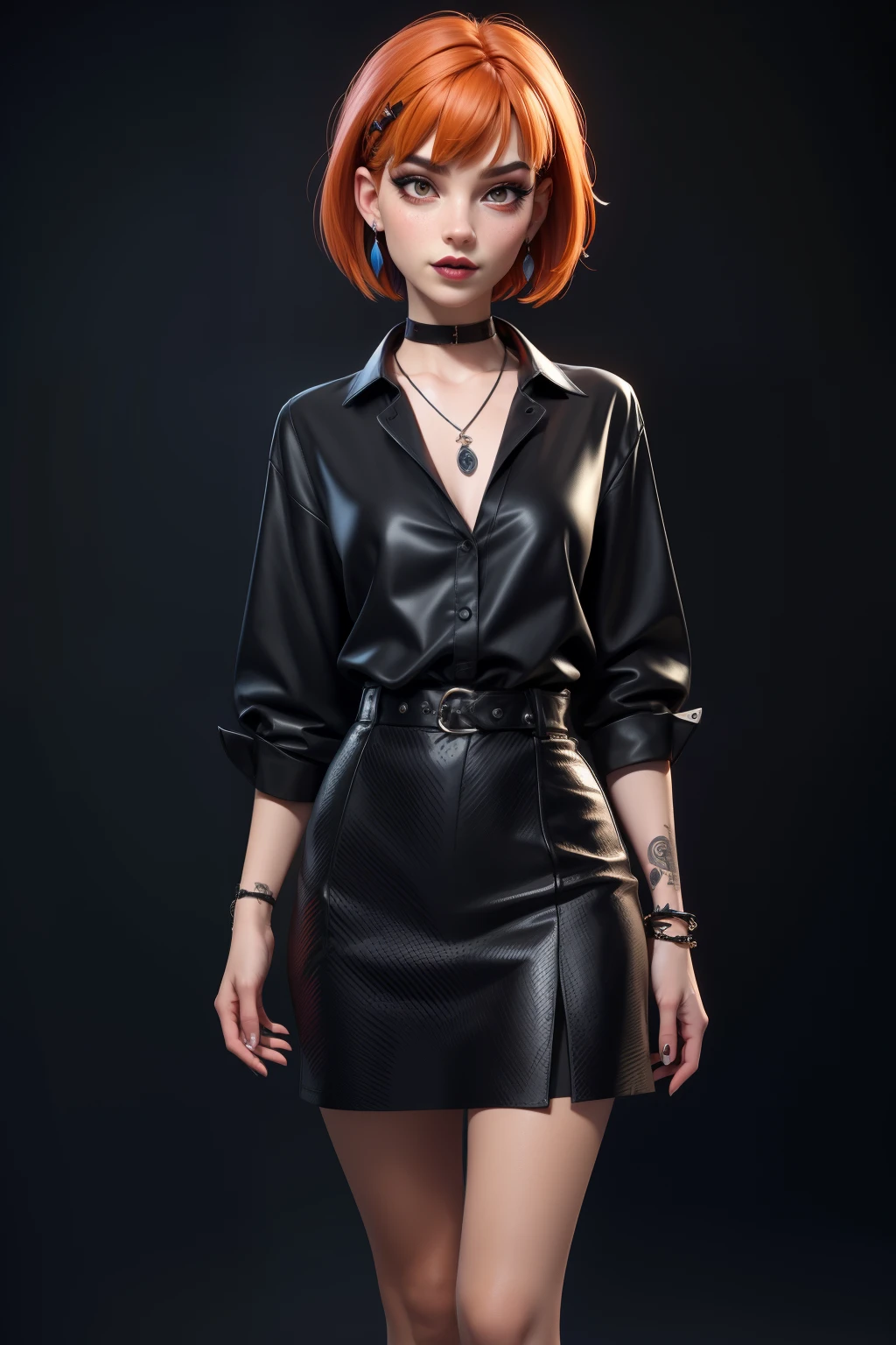 masterpiece, best quality,3d rending work ,3DMM style, pro photography, 3D,1girl, solo, multicolored hair, orange hair, black hair, necklace, freckles, jewelry, two-tone hair, looking to the side, lustful look, realistic, full body, simple background, bangs, looking away, short hair, parted lips, black eyes, lips, gothic, choker, makeup, mole, black shirt, shirt, watermark, fashion dressed, post punk, dark wave