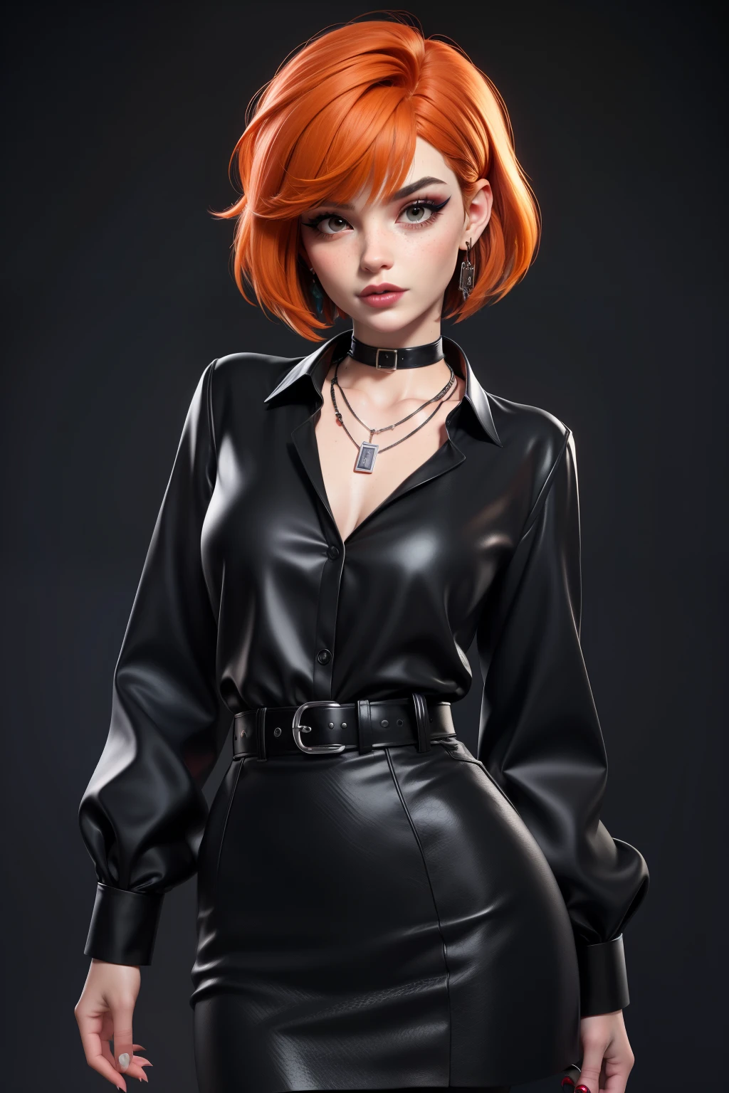 masterpiece, best quality,3d rending work ,3DMM style, pro photography, 3D,1girl, solo, multicolored hair, orange hair, black hair, necklace, freckles, jewelry, two-tone hair, looking to the side, lustful look, realistic, full body, simple background, bangs, looking away, short hair, parted lips, black eyes, lips, gothic, choker, makeup, mole, black shirt, shirt, watermark, fashion dressed, post punk, dark wave