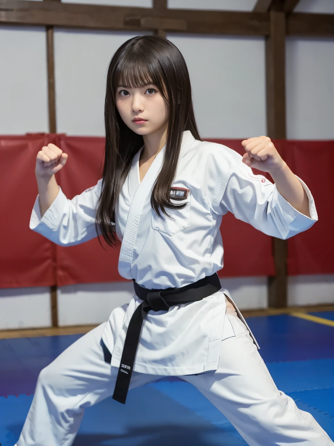 女性karate,Ready for battle pose, in a karate道場ring, she is ready to fight, take a fighting pose, fighter jet pose, karate, karate match, young japanese woman, japanese girl, in battle stance,karateの道着,Wearing pants,Black belt,