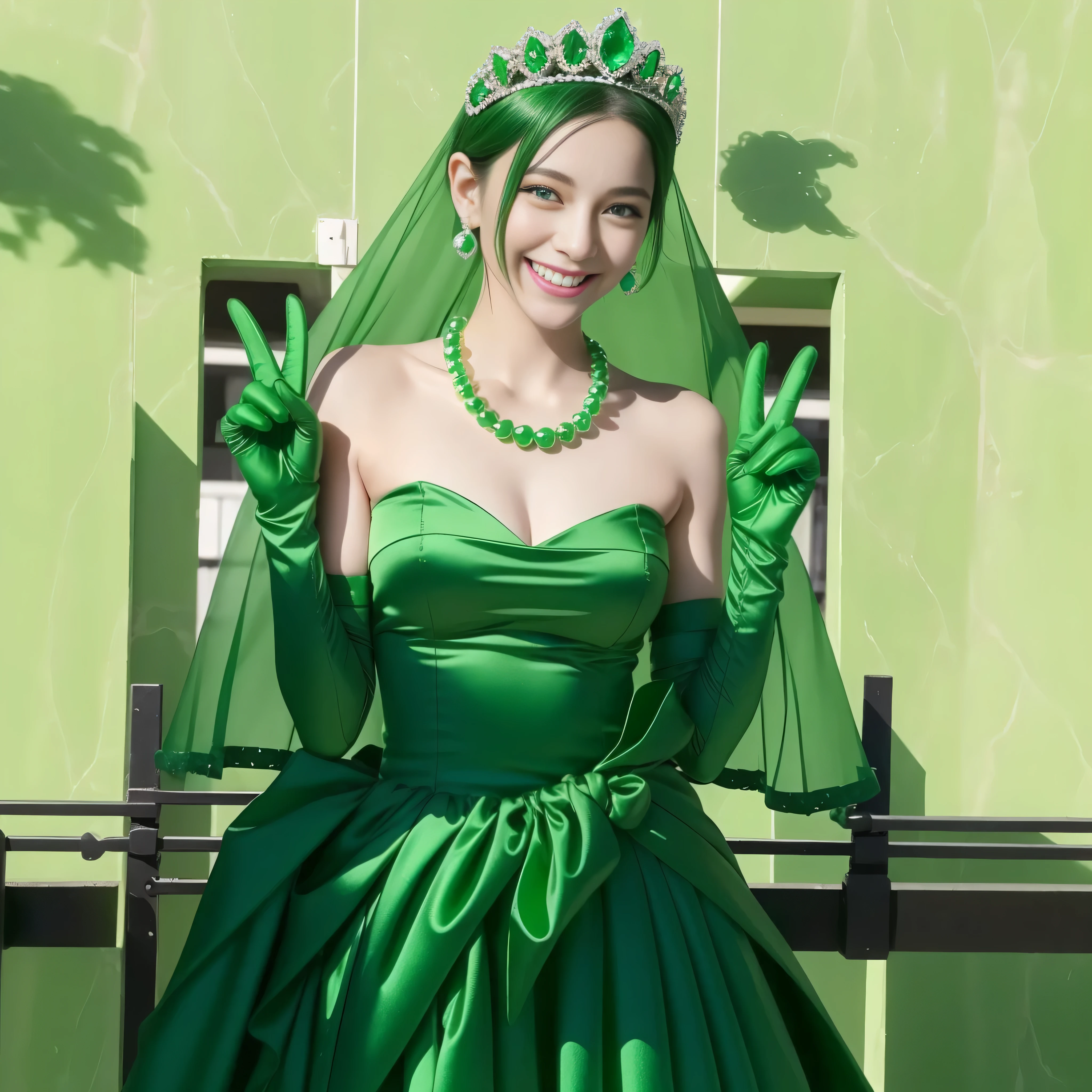 emerald tiara, Green Pearl Necklace, Boyish very short green hair, lipstick, Japan woman smiling, very short short hair, big breasts beautiful, green eyes, Long green gloves made of satin material, green eyes, v sign, Emerald Earrings, green vale, 緑の髪
