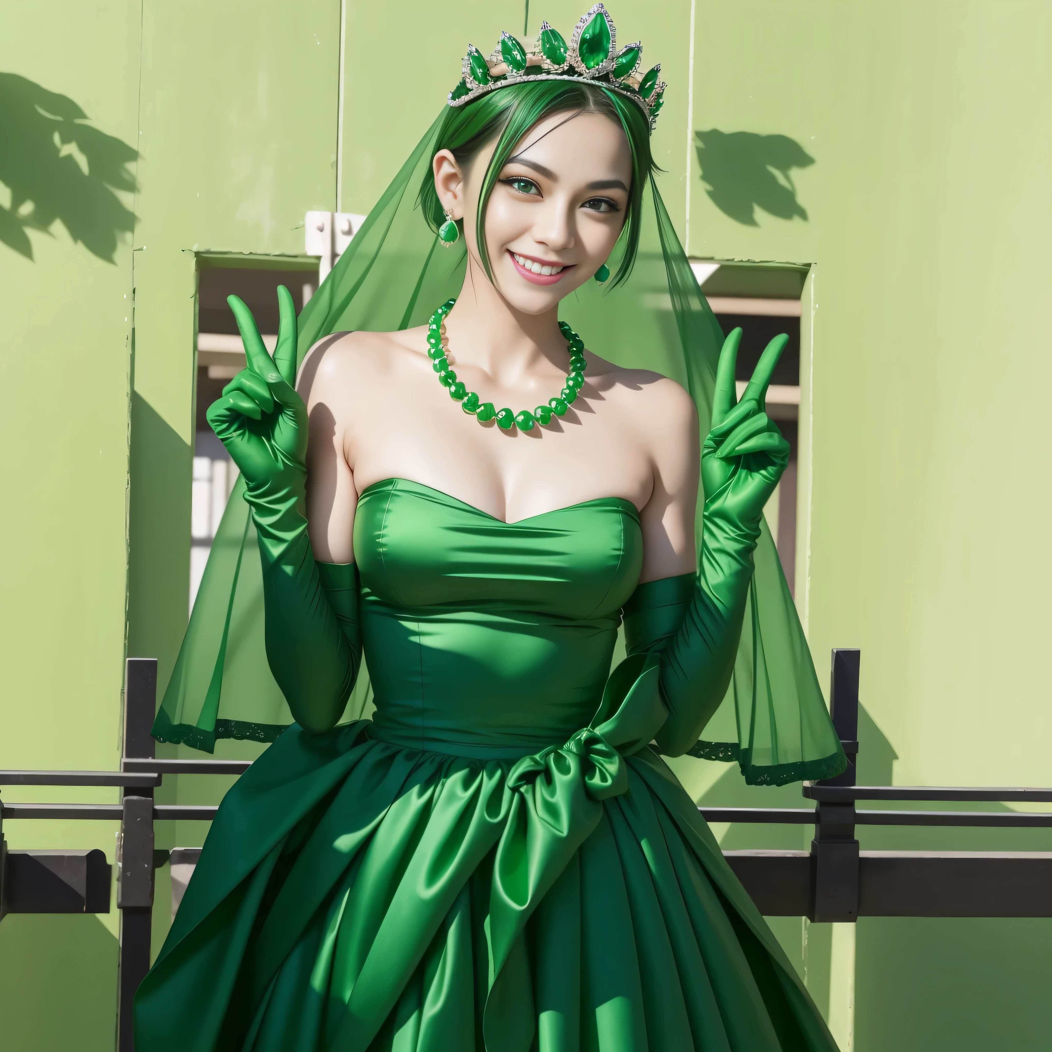 emerald tiara, Green Pearl Necklace, Boyish very short green hair, lipstick, Japan woman smiling, very short short hair, big breasts beautiful, green eyes, Long green gloves made of satin material, green eyes, v sign, Emerald Earrings, green vale, 緑の髪
