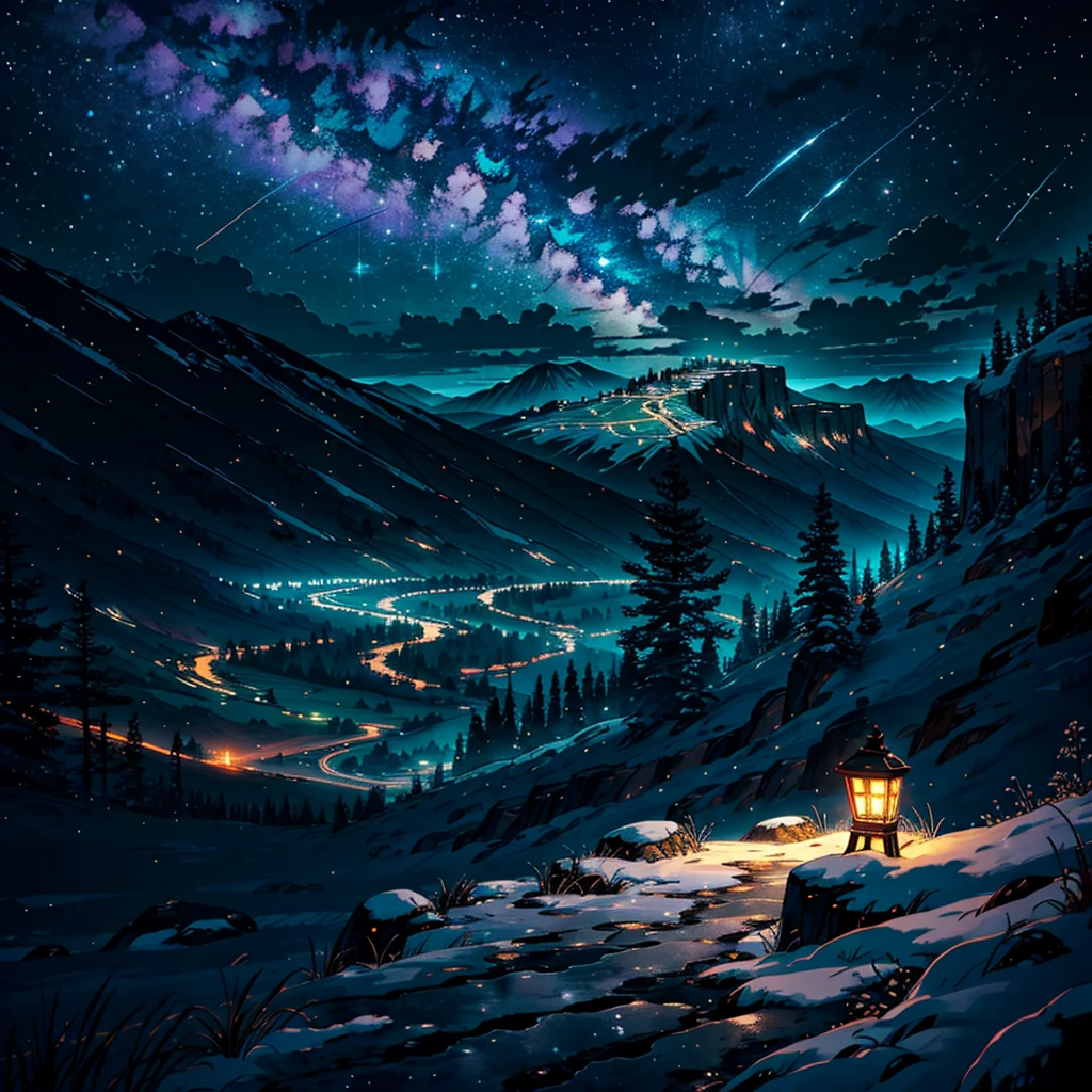 the ruggedness of the cliff and the serenity of the landscape. The distant mountains stand tall, their peaks dusted with a hint of snow, while the vast expanse of wilderness below stretches out in a mesmerizing display of untouched beauty. The night sky is adorned with a full moon, casting a soft, ethereal glow that illuminates the scene with a dreamlike quality. As if in a stroke of luck, a shooting star streaks across the heavens, adding a touch of magic to the already enchanting atmosphere. The air is filled with the gentle hum of fireflies, their flickering lights creating a symphony of twinkling luminescence. A lone lamp perched on the cliff's edge adds a warm and inviting touch,