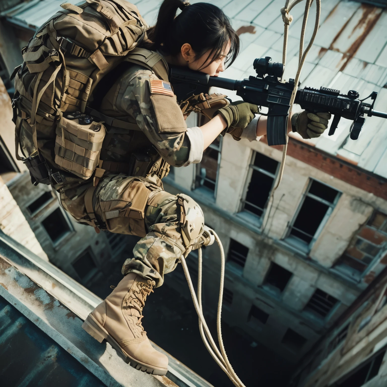 photorealistic、realistic skin texture、automatic rifle、