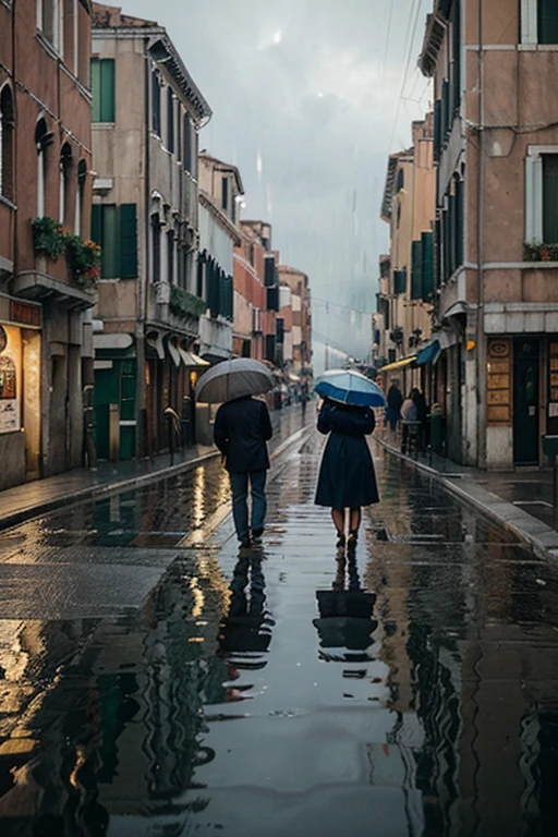 The streets of Venice city with gloomy skies and rain. With the reflected light of the road, you can dimly see the flickering traffic lights in the distance.
Venetian man and Venetian woman stand with their backs turned. The distance between them is not great, but between them there is a broken clock and a photo apart.
The overall color is a combination of gray and blue, giving a quiet and calm feeling