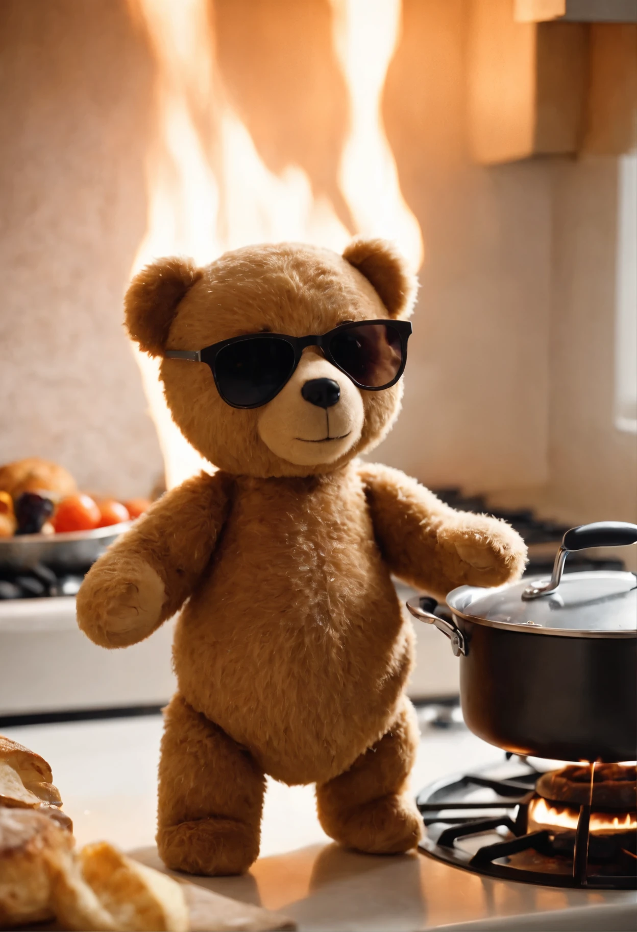 A teddy bear wearing sunglasses cooking food, pan on fire, in the kitchen