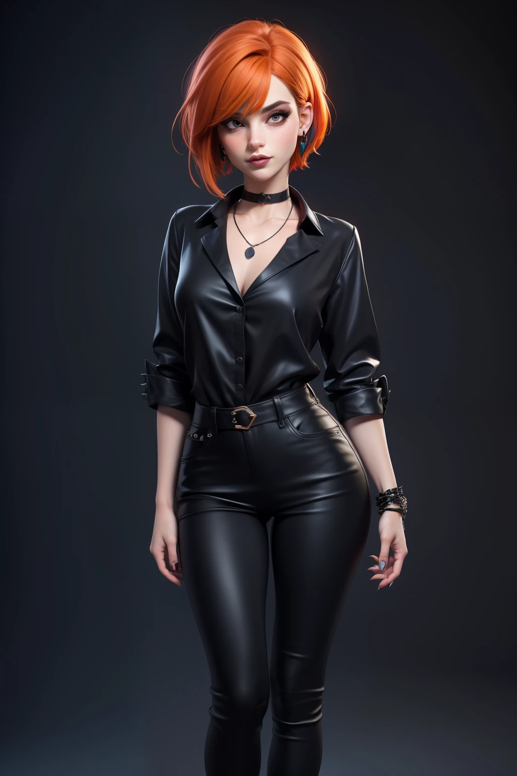 masterpiece, best quality,3d rending work ,3DMM style, pro photography, 3D,1girl, solo, multicolored hair, orange hair, black hair, necklace, freckles, jewelry, two-tone hair, looking to the side, lustful look, realistic, full body, simple background, bangs, looking away, short hair, parted lips, black eyes, lips, gothic, choker, makeup, mole, black shirt, shirt, watermark, fashion dressed, post punk, dark wave