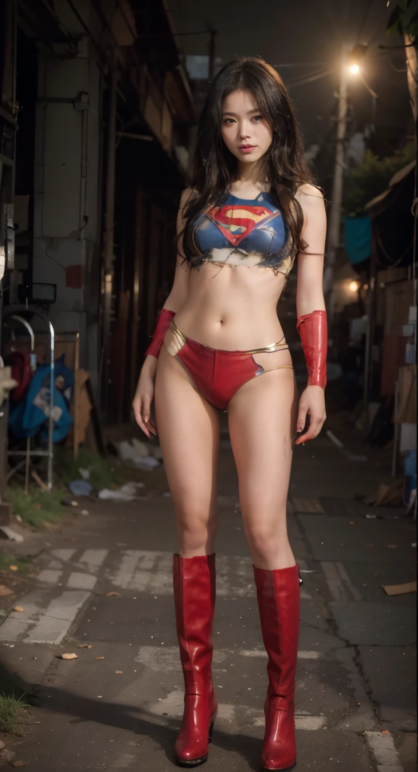 no background、Sleeping、Passing away、(((Wear black tights on your beautiful legs.torn、Tattered、being destroyed)))、(((stretch your legs、tall、Legally express the beauty of your smile)))、((((Get the most out of your original images)))、(((supergirl costume、torn、Tattered、being destroyed)))、(((beautiful hair)))、(((I'm in pain)))、(((Legs must be worn with black tights)))、(((must wear red boots、being destroyed)))、((Highest image quality、8K))、((highest quality、8K、masterpiece:1.3))、(((keep background )))、clear focus:1.2、beautiful woman with perfect figure:1.4、Full of scars、bloody、full of blood、slender abs:1.2、wet body:1.5、Highly detailed face and skin texture、8K