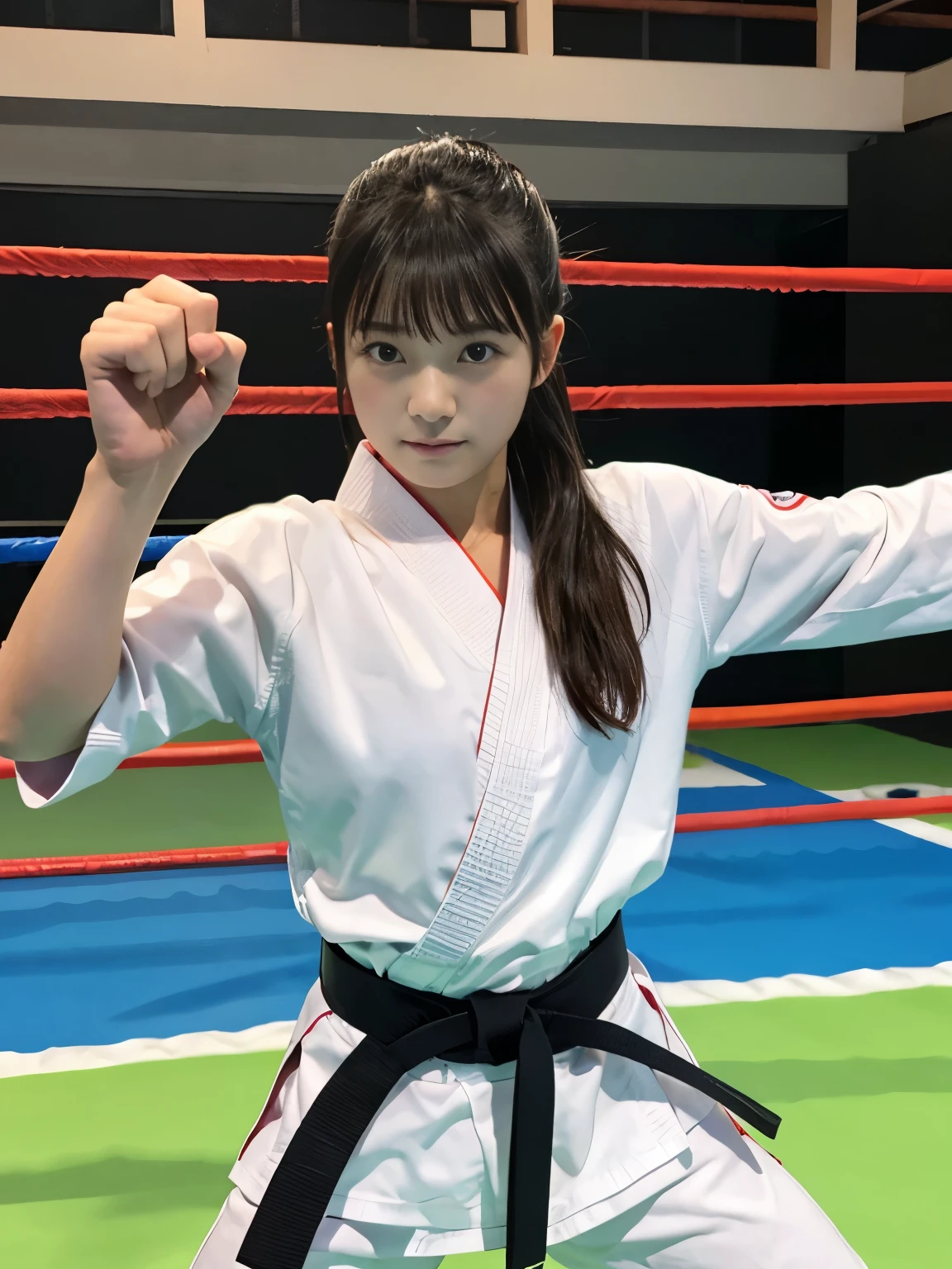女性karate,Ready for battle pose, in a karate道場ring, she is ready to fight, Chudan Gyakutsu pose, karate, karate match, young japanese woman, japanese girl,karateの道着,Wearing pants,Black belt,karate大会