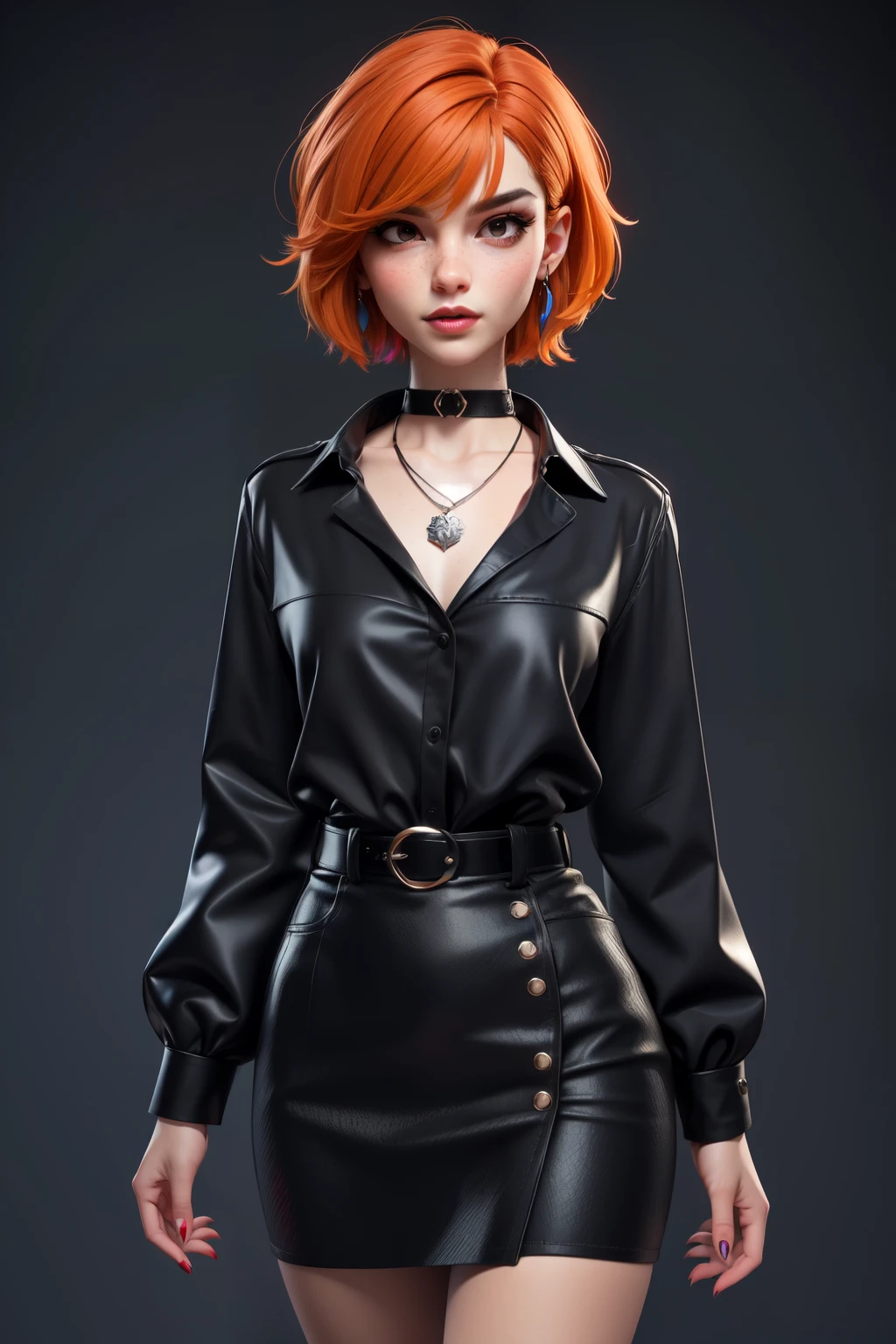 masterpiece, best quality,3d rending work ,3DMM style, pro photography, 3D,1girl, solo, multicolored hair, orange hair, black hair, necklace, freckles, jewelry, two-tone hair, looking to the side, lustful look, realistic, full body, simple background, bangs, looking away, short hair, parted lips, black eyes, lips, gothic, choker, makeup, mole, black shirt, shirt, watermark, fashion dressed, post punk, dark wave