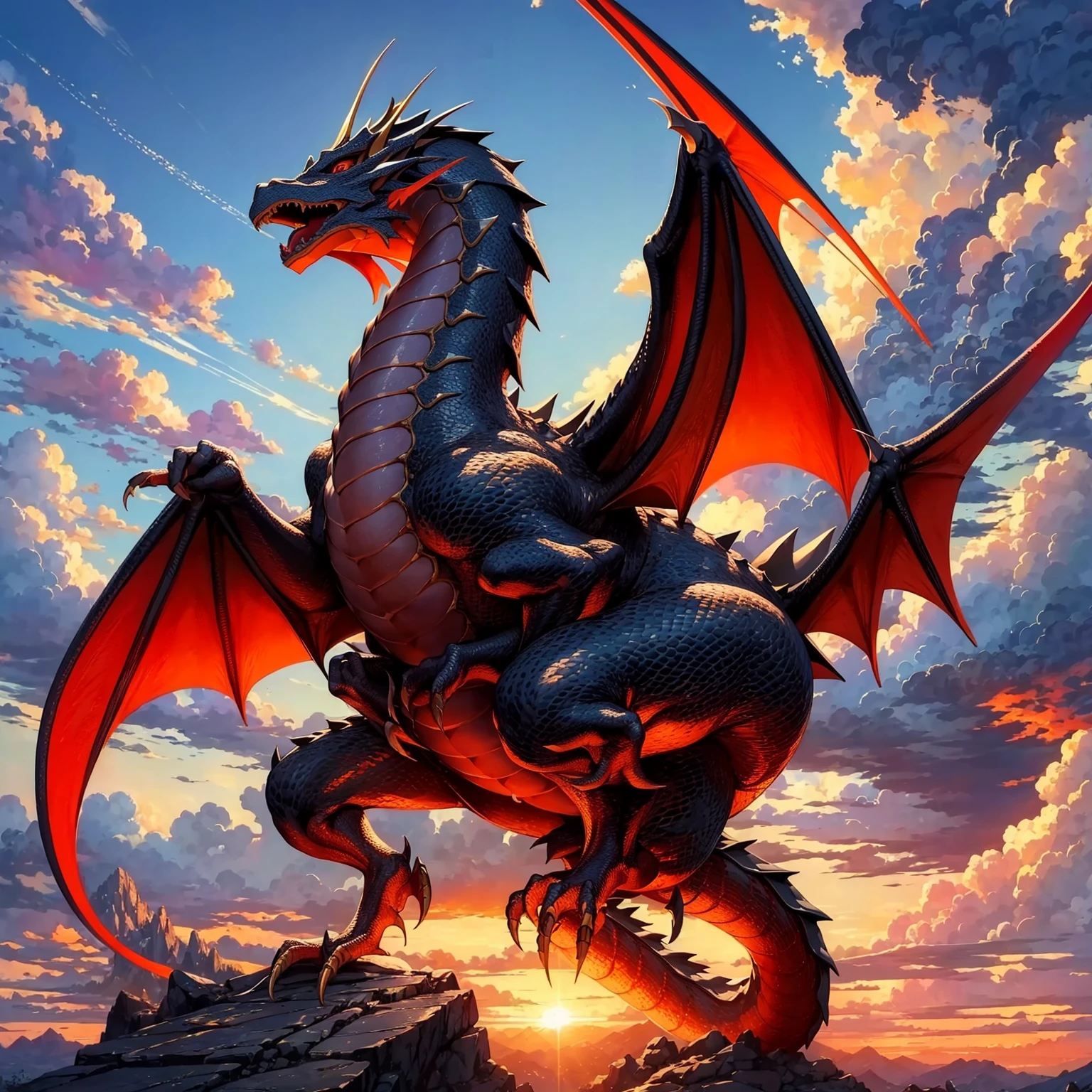 (masterpiece,highest quality,highest quality),Dragon god the sky with thunderclouds々flying nicely,Red Dragon,legendary dragon,myth,Japanese dragon,