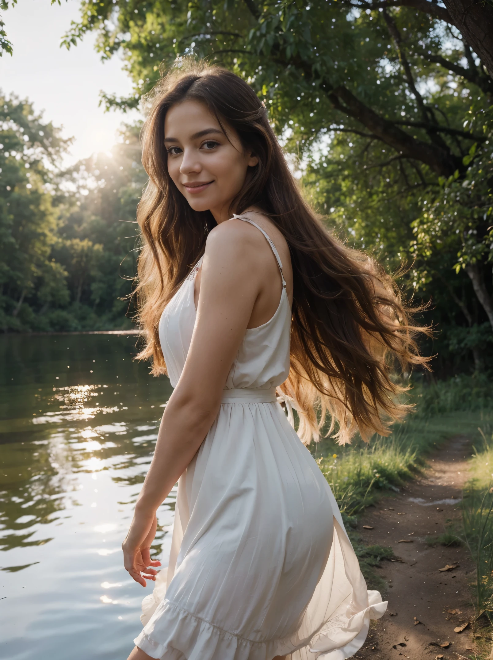 (highres:1.2),portrait,Latina woman, 30 years old,long blonde hair,hazel eyes,smiling,walking in a forest with a lake,during a beautiful sunset,soft lighting,serene atmosphere,nature,majestic trees,subtle breeze,lush greenery,tranquil water surface,evening sky with warm orange and pink hues,peaceful reflection on the lake,long flowing dress,graceful movement,joyful expression,delicate details on facial features,fine strands of hair gently swaying,gentle caress of sunlight on her skin,harmonious composition of nature and beauty