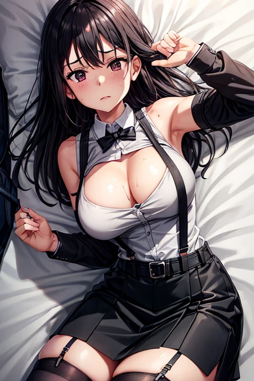 suit,collared shirt,belt bag,Suspenders Black Miniskirt garter belt knee high stockings black stockings Colorcon armpit sweat Sweat sides of both hands,black tank top,sight,big breasts,armpit sweat,expose armpits"tight clothes、raise both hands、Wristband lying in bed Behind the back Forehead Center