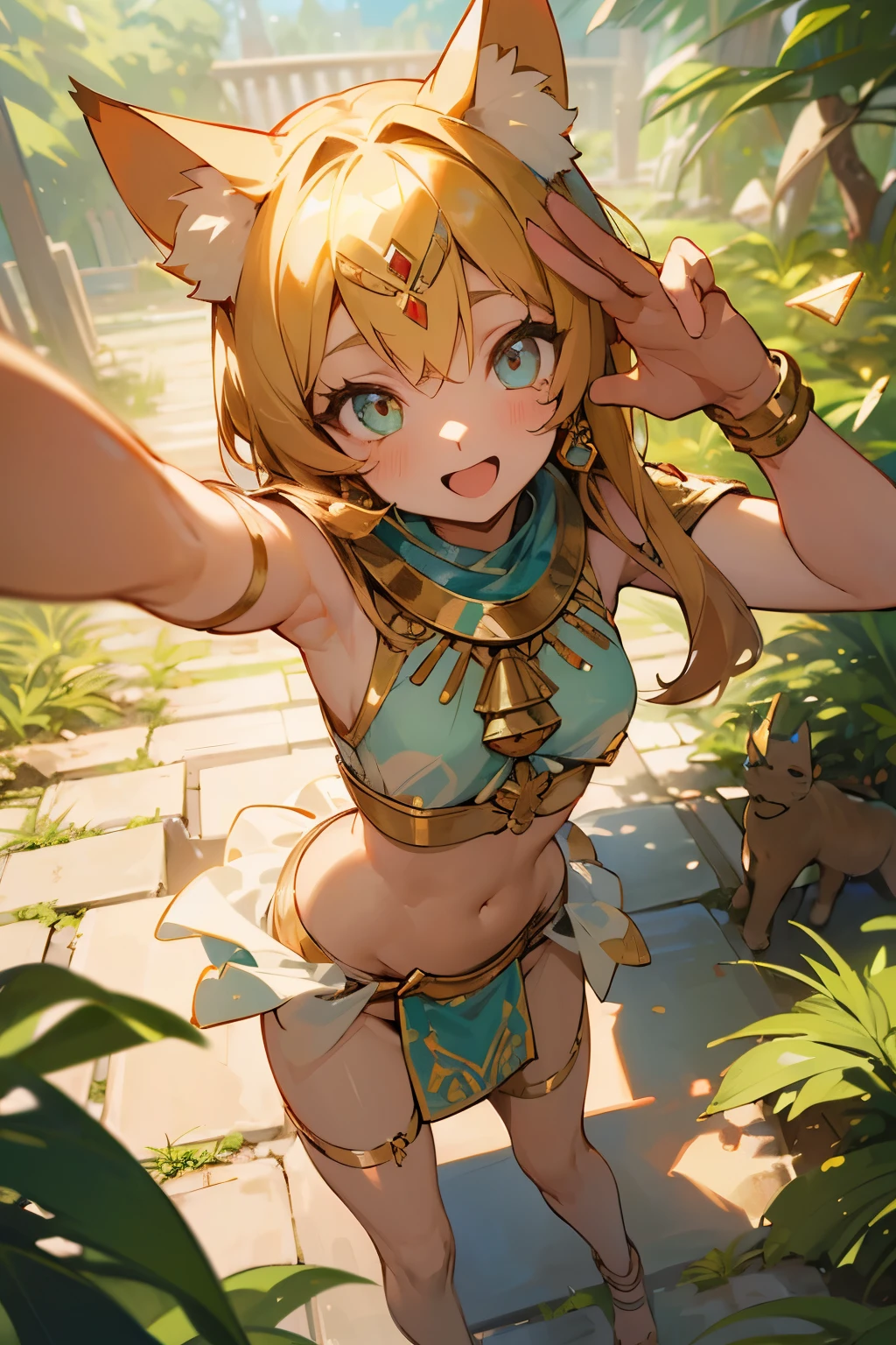 ((Masterpiece)), ((best quality)), from above, Very pretty Egyptian girl, (Laugh frivolously), cute eyes, (put on cat ears), (trival tubetop), (fighting pose), crystal Ornaments, light particles, (trival long loincloth), Healthy skin, worried girl, cute world, really happy, ancient ruined overgrown, exposed naked stomach,