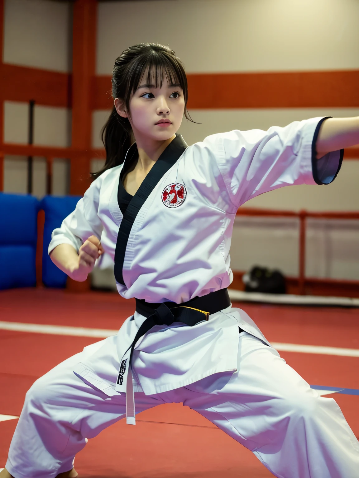 Highest image quality,highest quality,masterpiece,4k,8k,best quality,女性karate,in a karate道場ring, she is ready to fight, Chudan Gyakutsu pose, karate, young japanese woman, japanese girl,karateの道着,Wearing pants,Black belt,karate大会