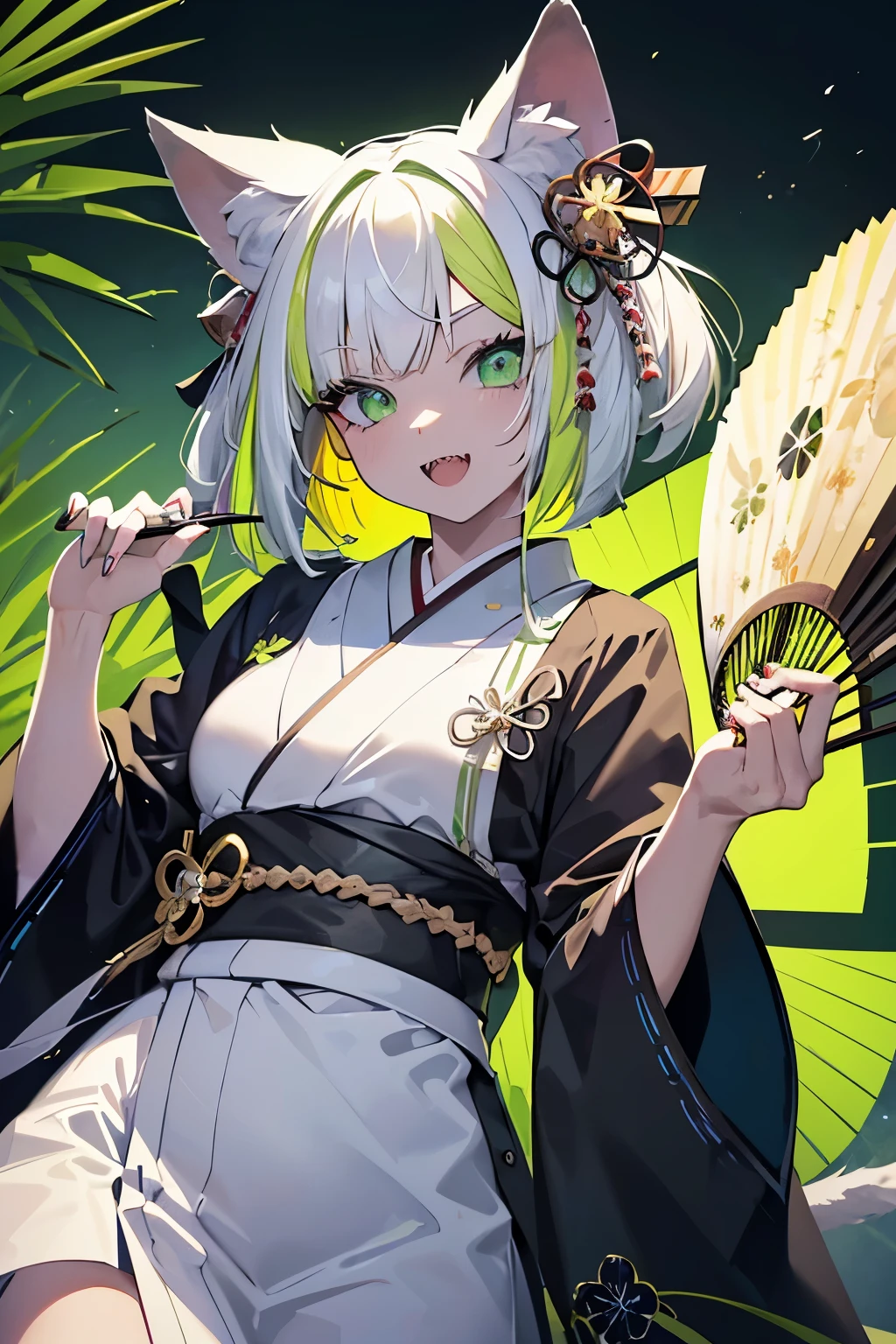master masterpiece, 4k, highly detailed, extremely detailed face, full body, muscular, cat ears, (half color hair) white hair, hair lock, ((white and green theme)), bob cut, green eyes, bright neon green eyes, sharp teeth, crazy smile, open mouth, kimono, war fan, japanese fan, ((pastel colours theme)).