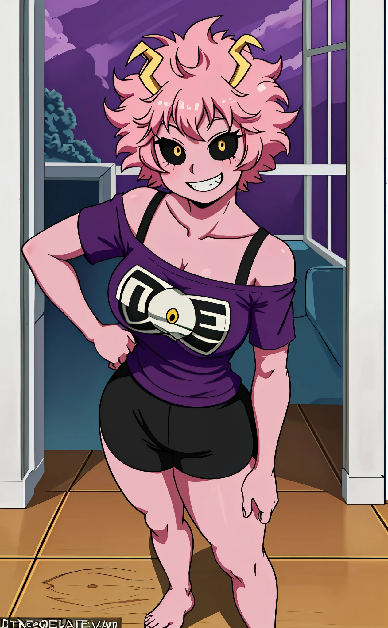 [mina ashido], [Boku no hero academia], ((masterpiece)), ((HD)), ((high res)), ((solo portrait)), ((full body)), ((front view)), ((feet visible)), ((anime)), ((detailed shading)), ((intricate details)), {mina ashido; (pink skin), (cute black eyes), (yellow pupils), short eyelashes, (short curly hair), (medium boobs), (curvy hips), (beautiful legs), (beautiful feet), (blushing), (cute grin), (excited expression)}, {(purple off-shoulder tee shirt), (black lounge shorts)}, {(standing), (hand on hip), (looking at viewer)}, [Background; (living room), (window), (blue sky), (sun rays), (ambient lighting)]