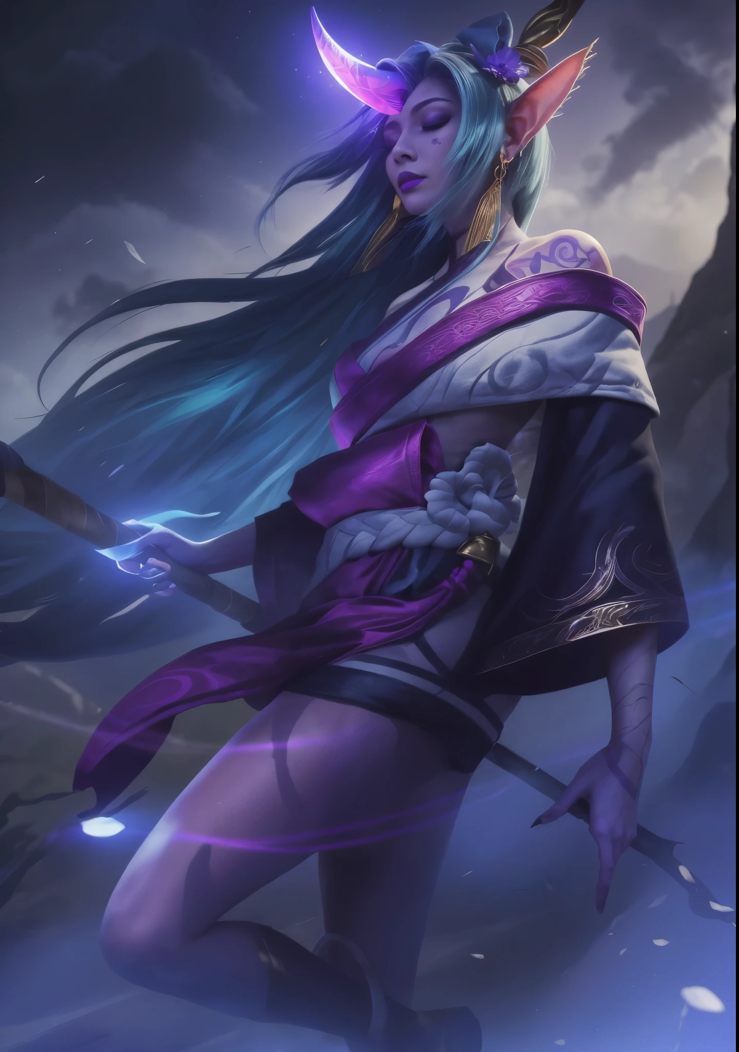 (Realistic), Texture, (A young latin girl holding a staff and wearing purple clothes:1.2), spirit blossom soraka, (purple lipstick:1.2),kimono, ears of elf,golden hair accessories,Gold earrings (closed eyes:1.3),meditation,Winged eyeliner, (tattoo:1.2), mascara,(purple skin:1.3) , (single horn:1.2),Snowflakes fluttering