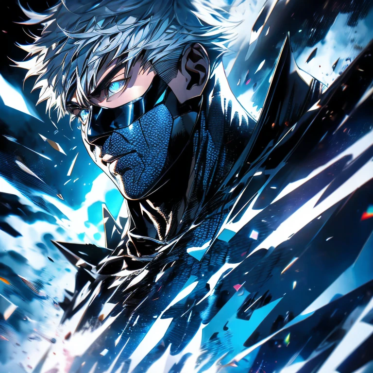 Gojo Satoru, a solo figure, boasts a resolved expression with blue eyes gleaming intensely as they focus on an unseen target. His white hair flows in the wind, adding a sense of dynamism to the scene. With his muscular build, he is an imposing figure, clad in a realistic and intricately designed Batman suit. His enhanced physique is accentuated by the oversized breasts created by the suit's hyper-realistic rendering. Each detail is captured in sharp focus, with the Batman armor's textures showing intricate designs and precise lines. The high-tech gadgets integrated into the suit add a futuristic touch, and dynamic lighting illuminates every