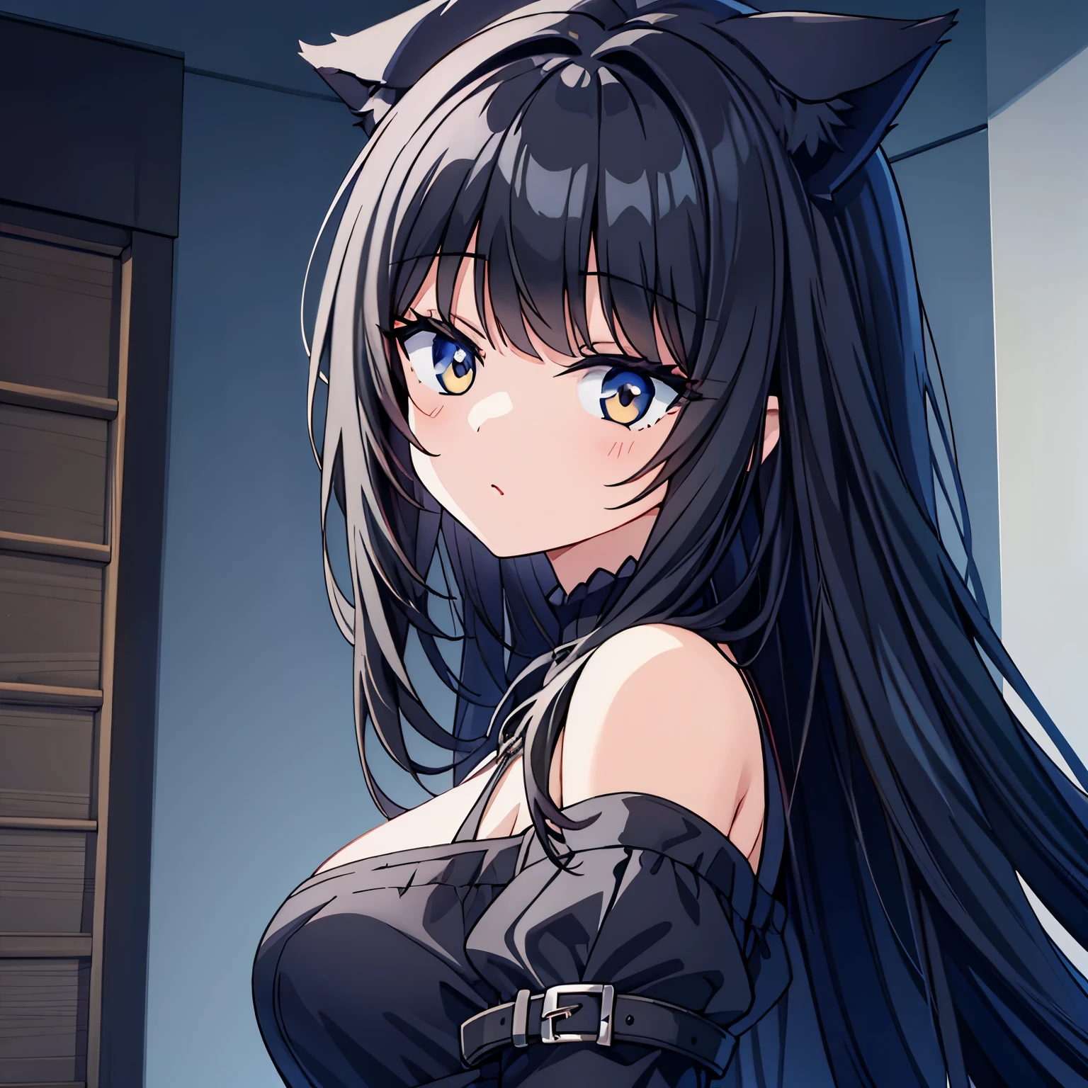 black hair、wolf cut、girl、dark