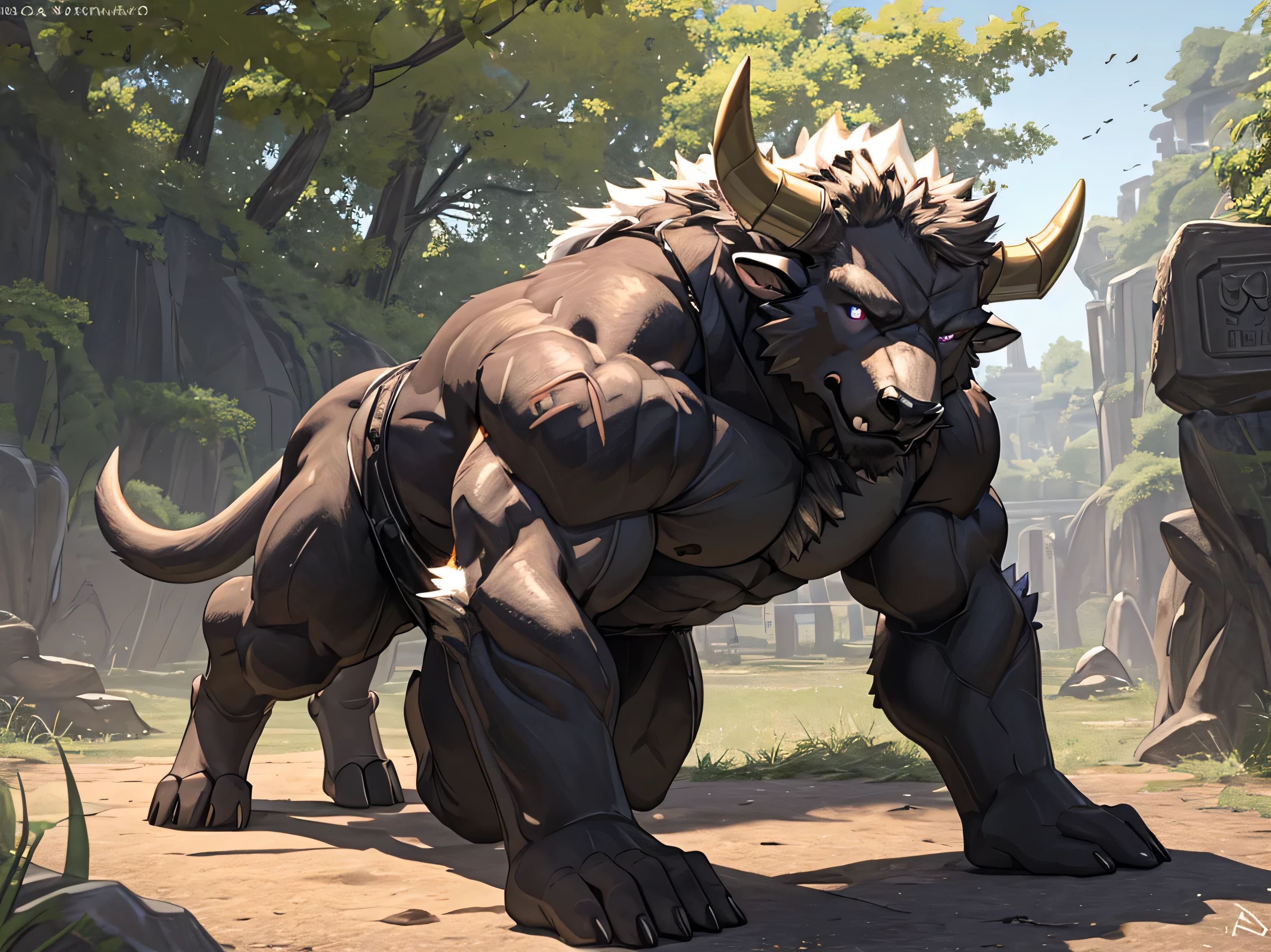 (by darkgem, by null-ghost, by personalami, by honovy), male, bovid, bull, red fur, horn, darius (kemo coliseum), brown hair, coliseum, rear view, balls, backsack, anus, ass focus, ((board shoulders)), sweaty, ((oil on skin:1.2)), foreskin, medium penis size, ((muscle beefy body))