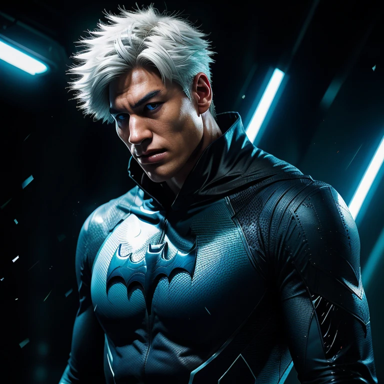 Gojo Satoru, a solo figure, boasts a resolved expression with blue eyes gleaming intensely as they focus on an unseen target. His white hair flows in the wind, adding a sense of dynamism to the scene. With his muscular build, he is an imposing figure, clad in a realistic and intricately designed Batman suit. His enhanced physique is accentuated by the oversized breasts created by the suit's hyper-realistic rendering. Each detail is captured in sharp focus, with the Batman armor's textures showing intricate designs and precise lines. The high-tech gadgets integrated into the suit add a futuristic touch, and dynamic lighting illuminates every